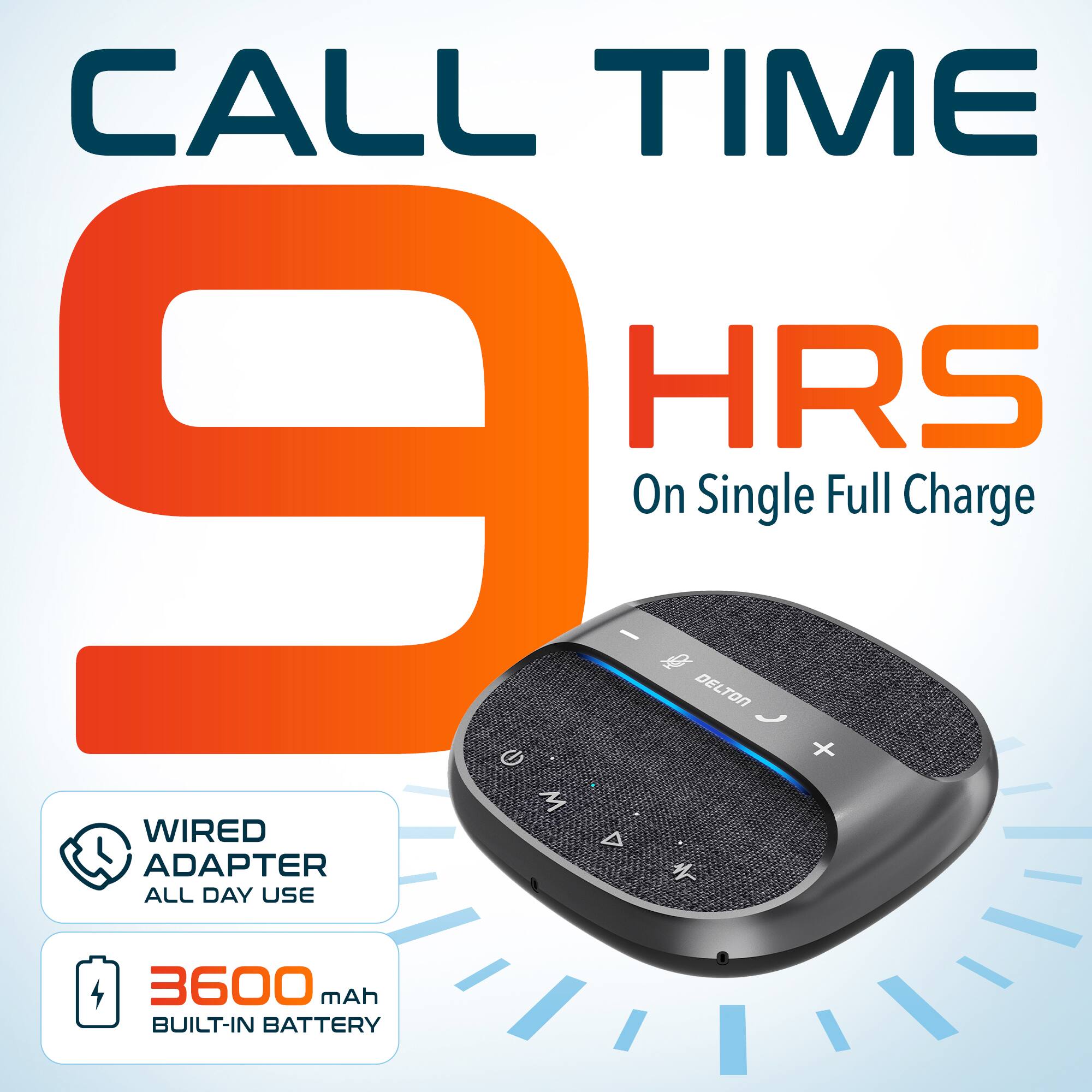 CALL TIME HRS 9 - On Single Full Charge, WIRED ADAPTER, ALL DAY USE, 3600 mAh BUILT-IN BATTERY