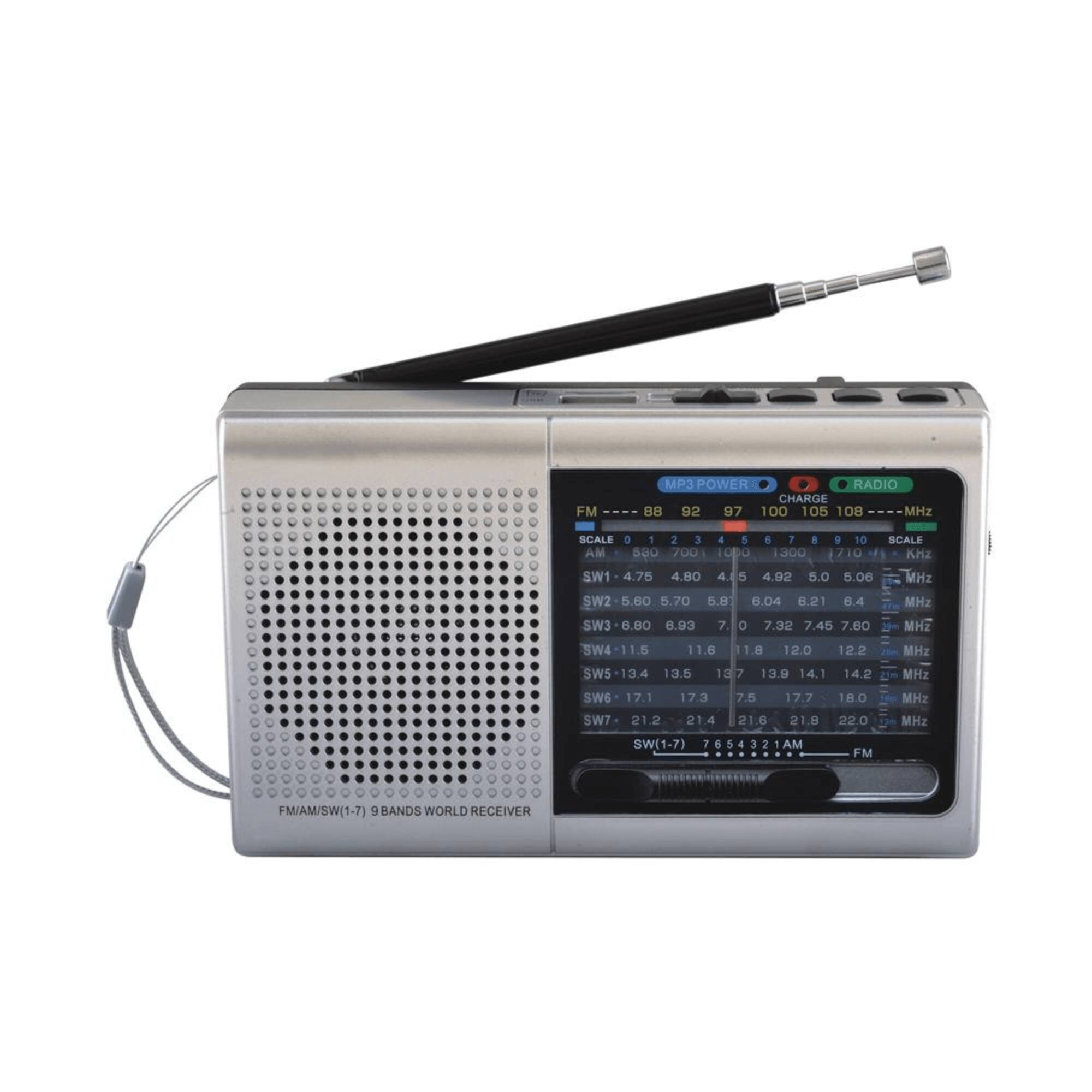 FM MP3 POWER RADIO CHARGE  
88 92 97 100 105 108 MHz  
SCALE 1 2 3 AM 500 700 1000 1300 1710 KHz  
SW1 4.75 4.80 4.92 5.0 5.06 MHz  
SW2 5.60 5.70 5.8 6.04 6.21 6.4 MHz  
SW3 6.80 6.93 7.0 7.32 7.45 7.60 MHz  
SW4 11.5 11.6 11.8 12.0 12.2 MHz  
SW5 13.4 13.5 13.7 13.9 14.1 14.2 MHz  
SW6 17.1 17.3 17.5 17.7 18.0 MHz  
SW7 21.2