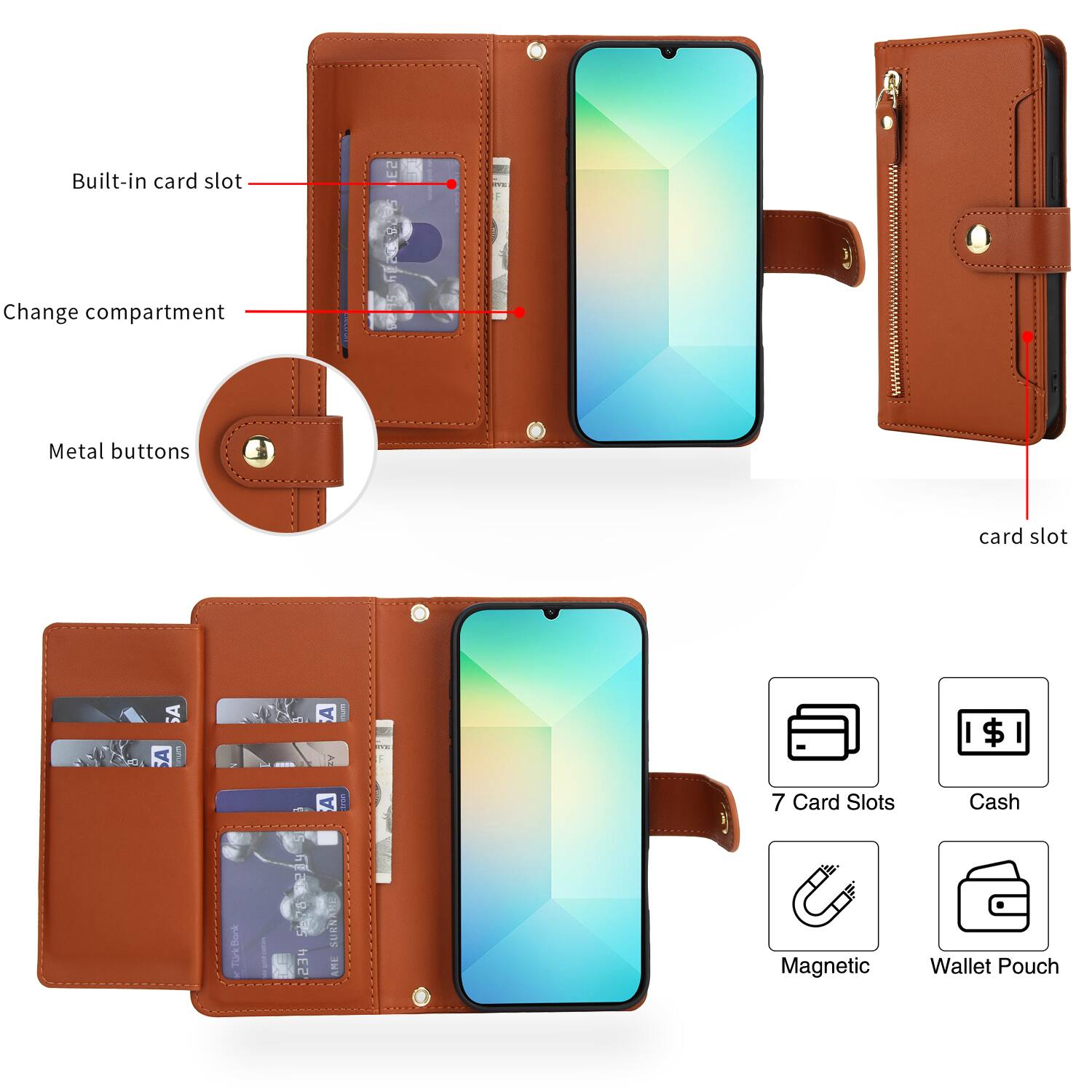 - Built-in card slot
- Change compartment
- Metal buttons
- Card slot
- 7 Card Slots
- Cash
- Magnetic
- Wallet Pouch
