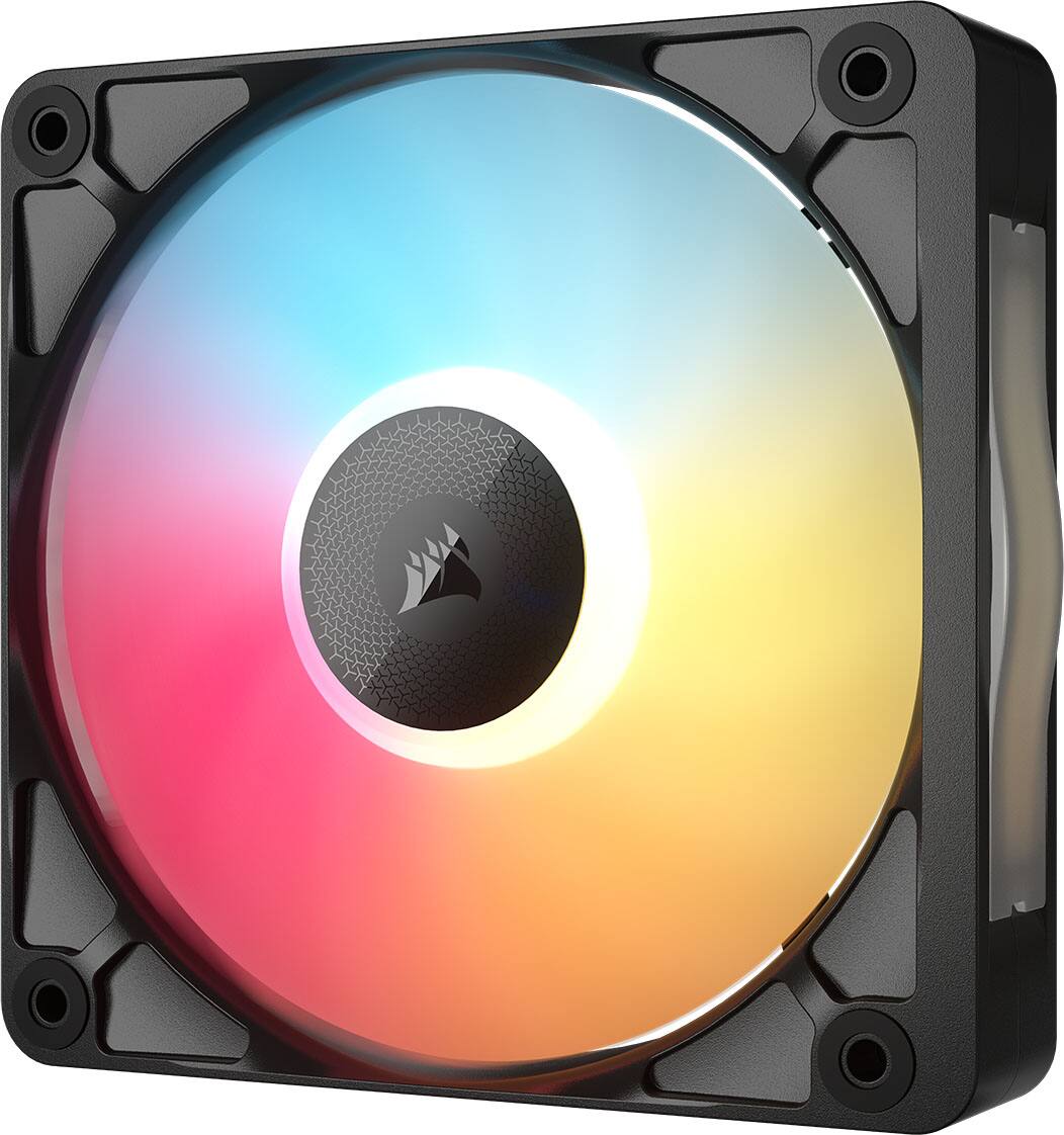 Left. CORSAIR - iCUE LINK RX120 II RGB 120mm PWM Fans – Optimized for quiet operation – Up to 2,100 RPM – 8 RGB LEDs per fan - Black.
