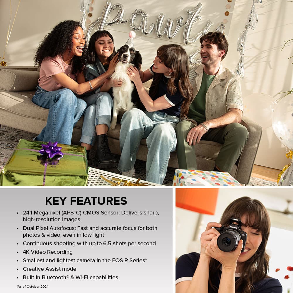 KEY FEATURES:
24.1 Megapixel (APS-C) CMOS Sensor: Delivers sharp, high-resolution images
Dual Pixel Autofocus: Fast and accurate focus for both photos & video, even in low light
Continuous shooting with up to 6.5 shots per second
4K Video Recording
Smallest and lightest camera in the EOS R Series*
Creative Assist mode
Built in Bluetooth & Wi-Fi capabilities
As of October 2024