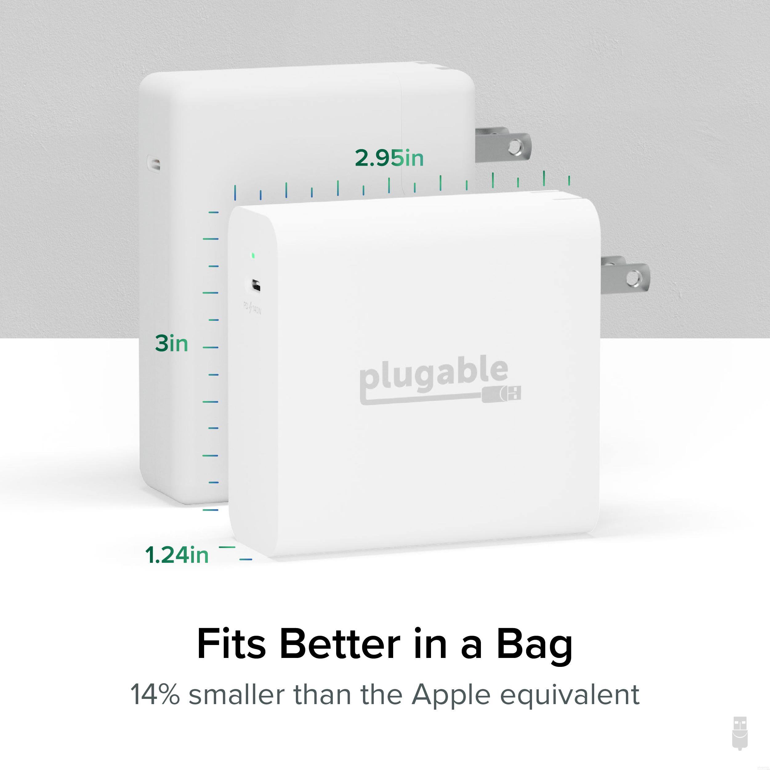 2.95in  
3in  
1.24in  

plugable  

Fits Better in a Bag  
14% smaller than the Apple equivalent