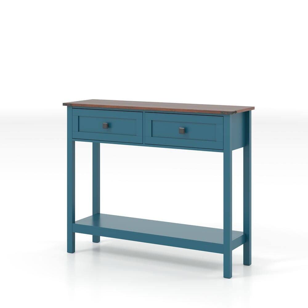 Back. Kadyn - Farmhouse Style Console Table - 2 Drawers & Bottom Storage Shelf, Rustic Side Table for Entryway, Living Room, Hallway - Blue.