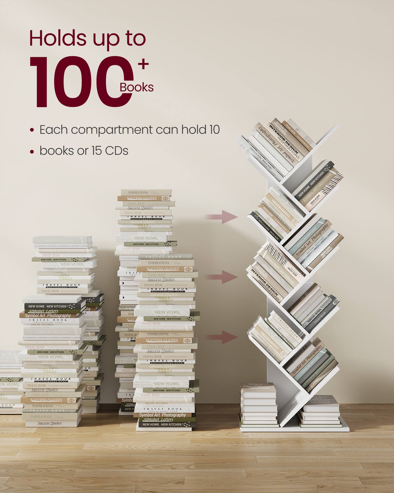 Holds up to 100+ Books

- Each compartment can hold 10 books or 15 CDs
