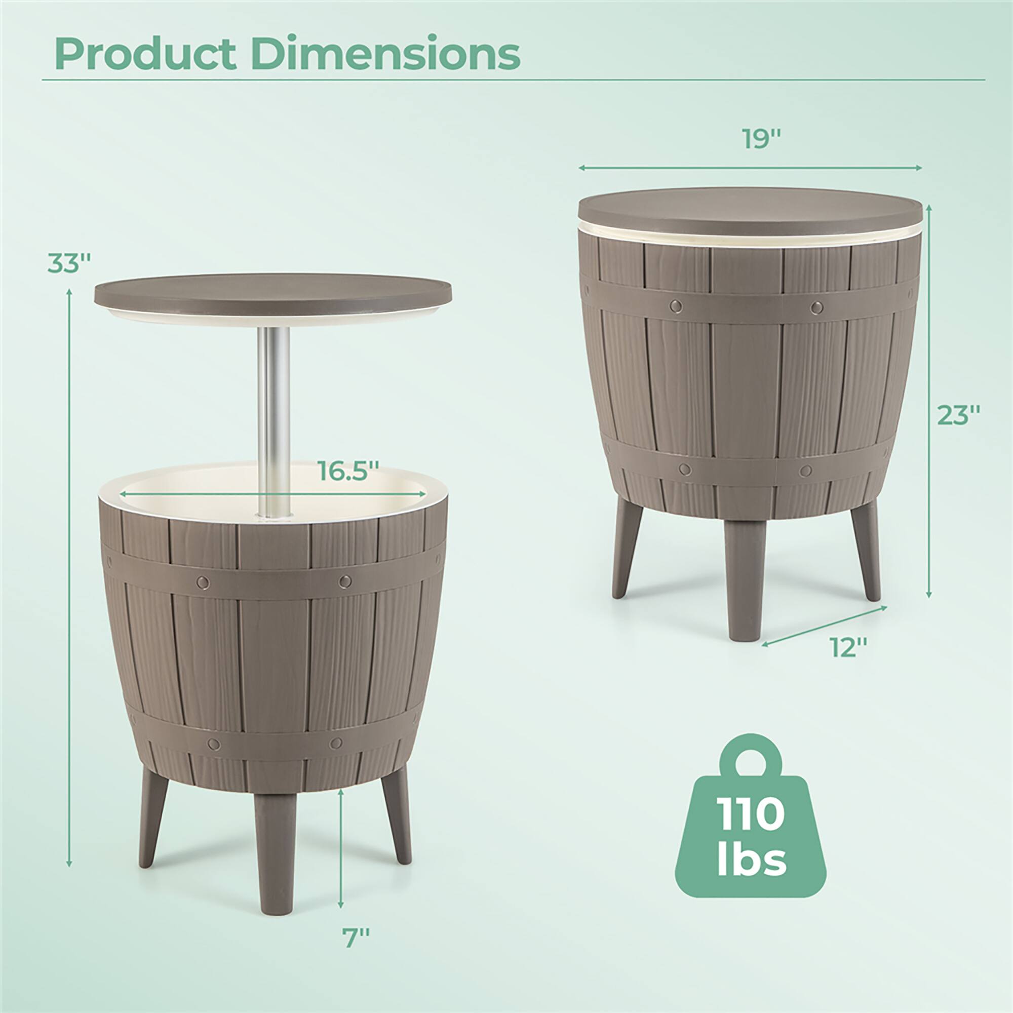 Product Dimensions:  
19" x 33" x 23" x 16.5" x 12" x 7"  
Weight: 110 lbs