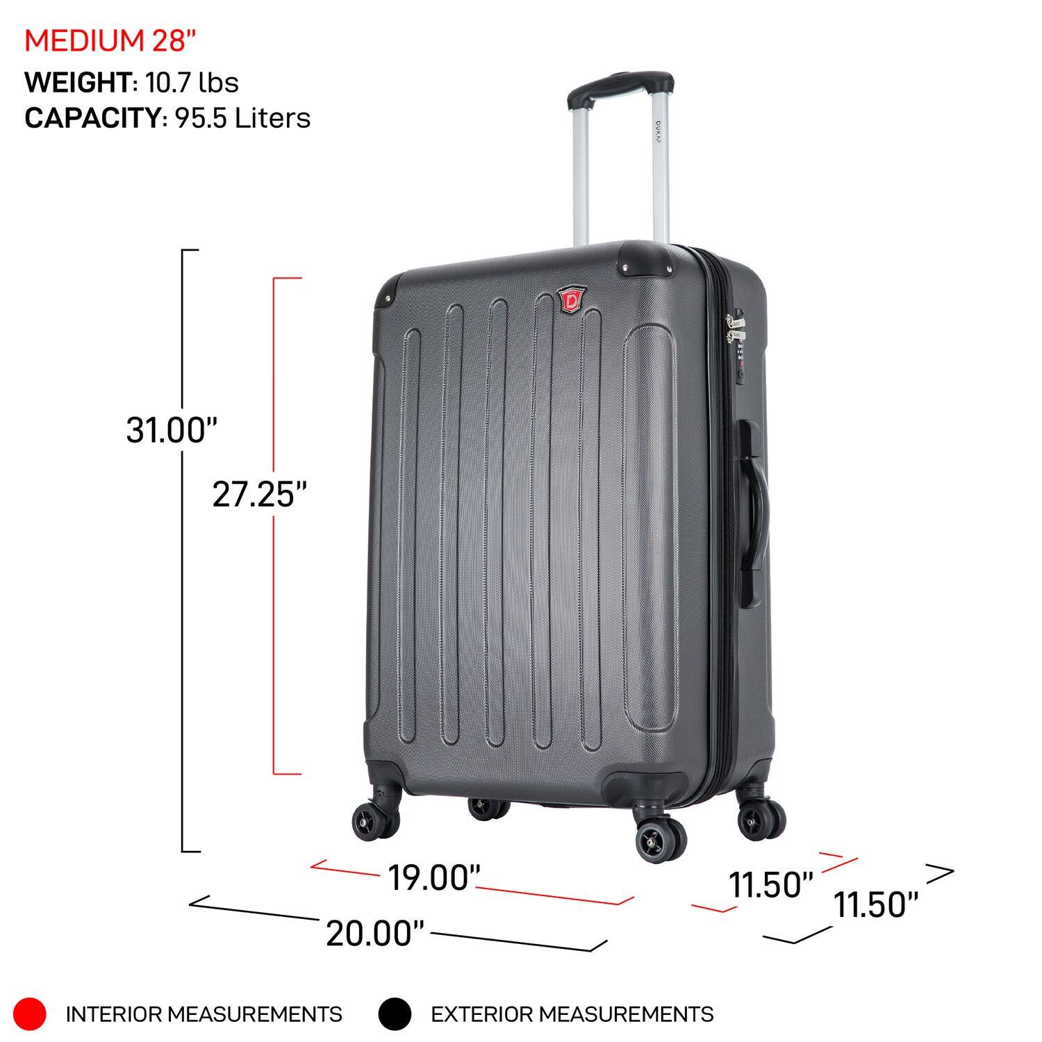 MEDIUM 28"  
WEIGHT: 10.7 lbs  
CAPACITY: 95.5 Liters  

INTERIOR MEASUREMENTS:  
- 31.00"  
- 27.25"  
- 19.00"  
- 20.00"  
- 11.50"  
- 11.50"  

EXTERIOR MEASUREMENTS:  
- 31.00"  
- 27.25"  
- 19.00"  
- 20.00"  
- 11.50"  
- 11.50"