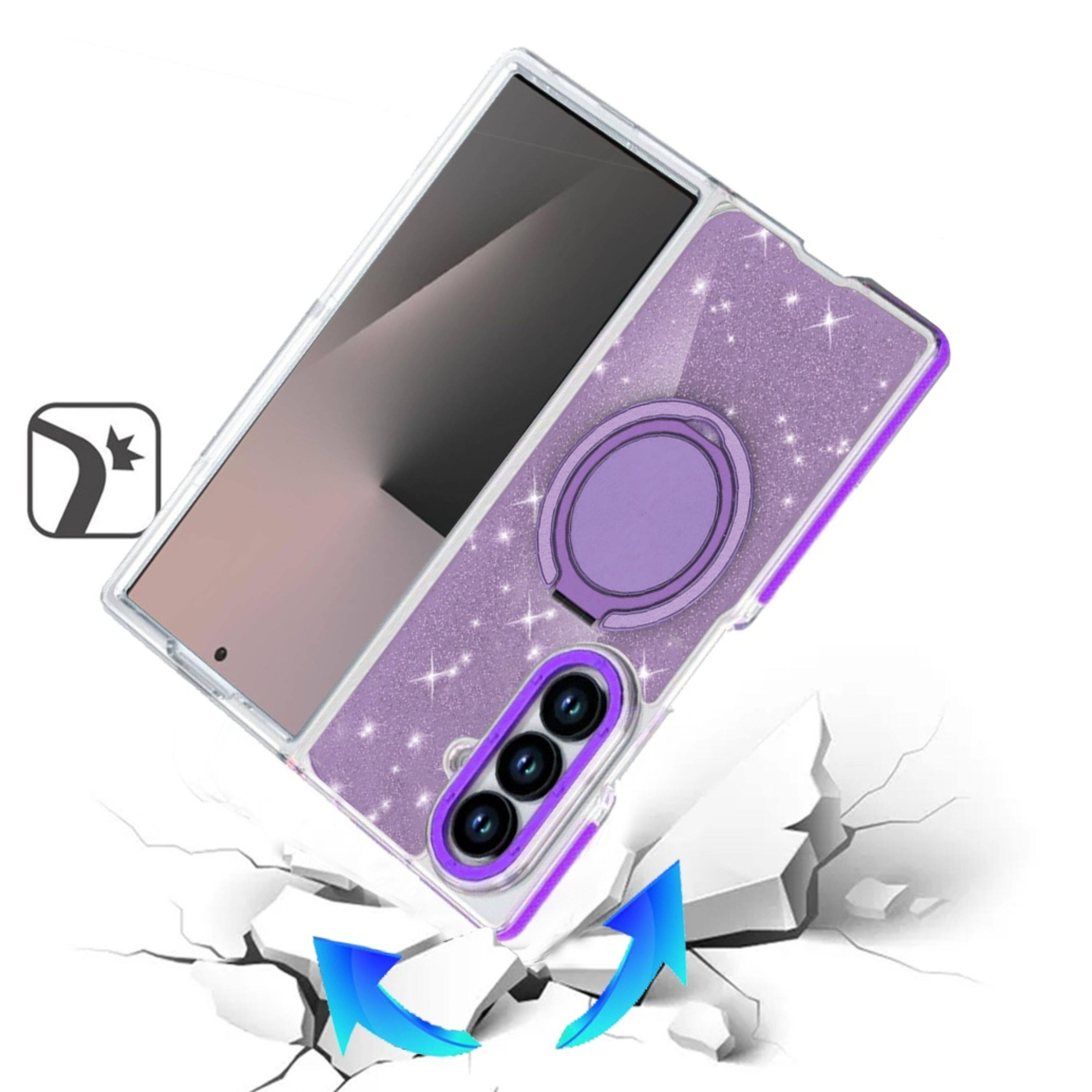 Left. Kitcheniva - Full Glitter Magnetic Circle Stand Phone Case With Tempered Glass For Samsung Galaxy Z Fold7 Purple - Purple.