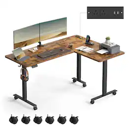 Songmics Home - L-Shaped Electric Standing Desk, Corner Desk with Power Outlets, Height Adjustable Computer Desk, Gaming Desk - Rustic Brown