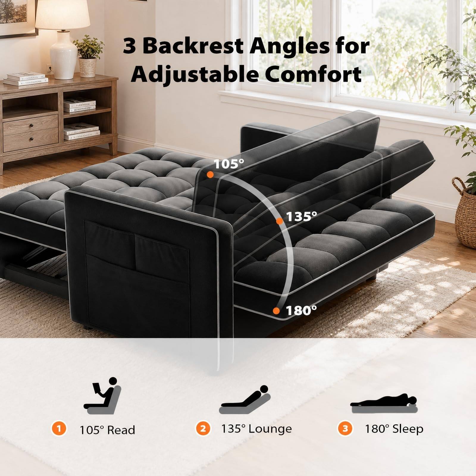 3 Backrest Angles for Adjustable Comfort

FLAVERIONE 201000000000

105° Read
135° Lounge
180° Sleep