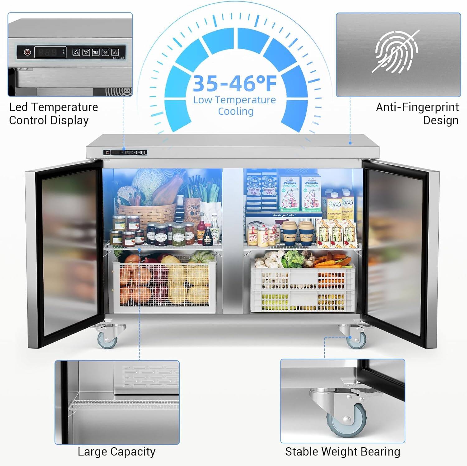 - Led Temperature Control Display
- 35-46°F Low Temperature Cooling
- Anti-Fingerprint Design
- Large Capacity
- Stable Weight Bearing