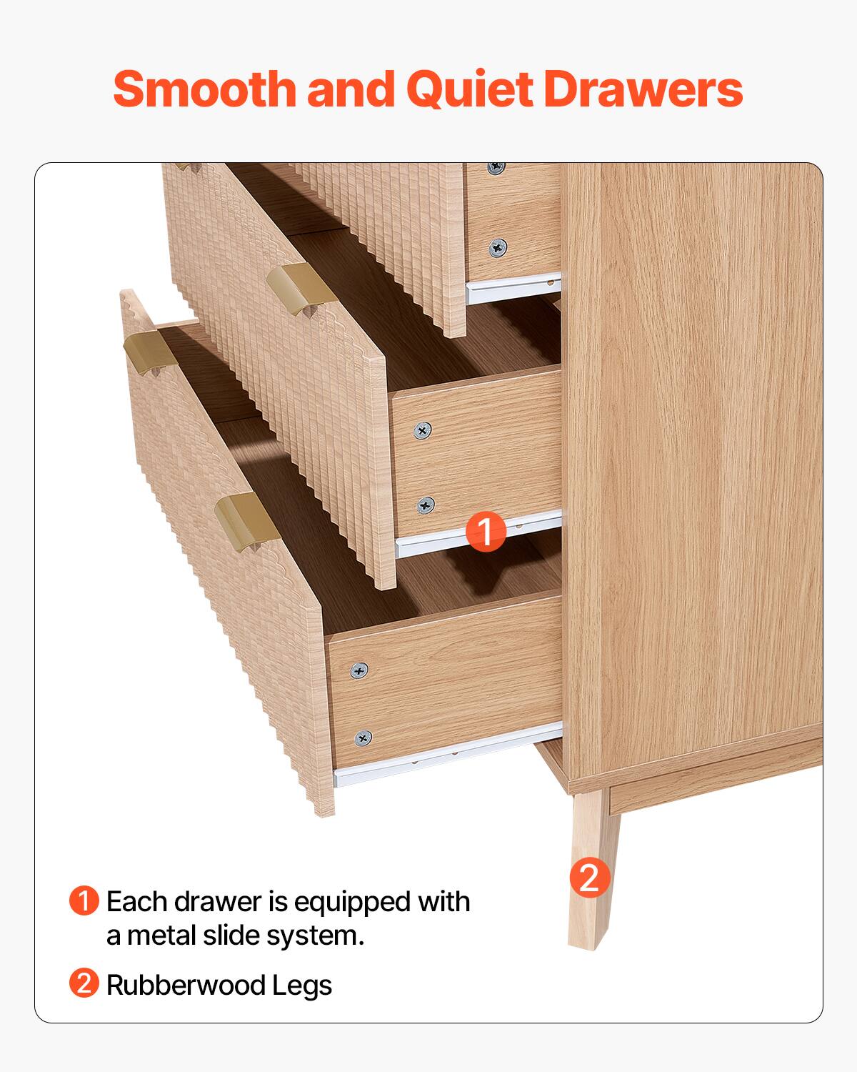 Smooth and Quiet Drawers

1. Each drawer is equipped with a metal slide system.
2. Rubberwood Legs