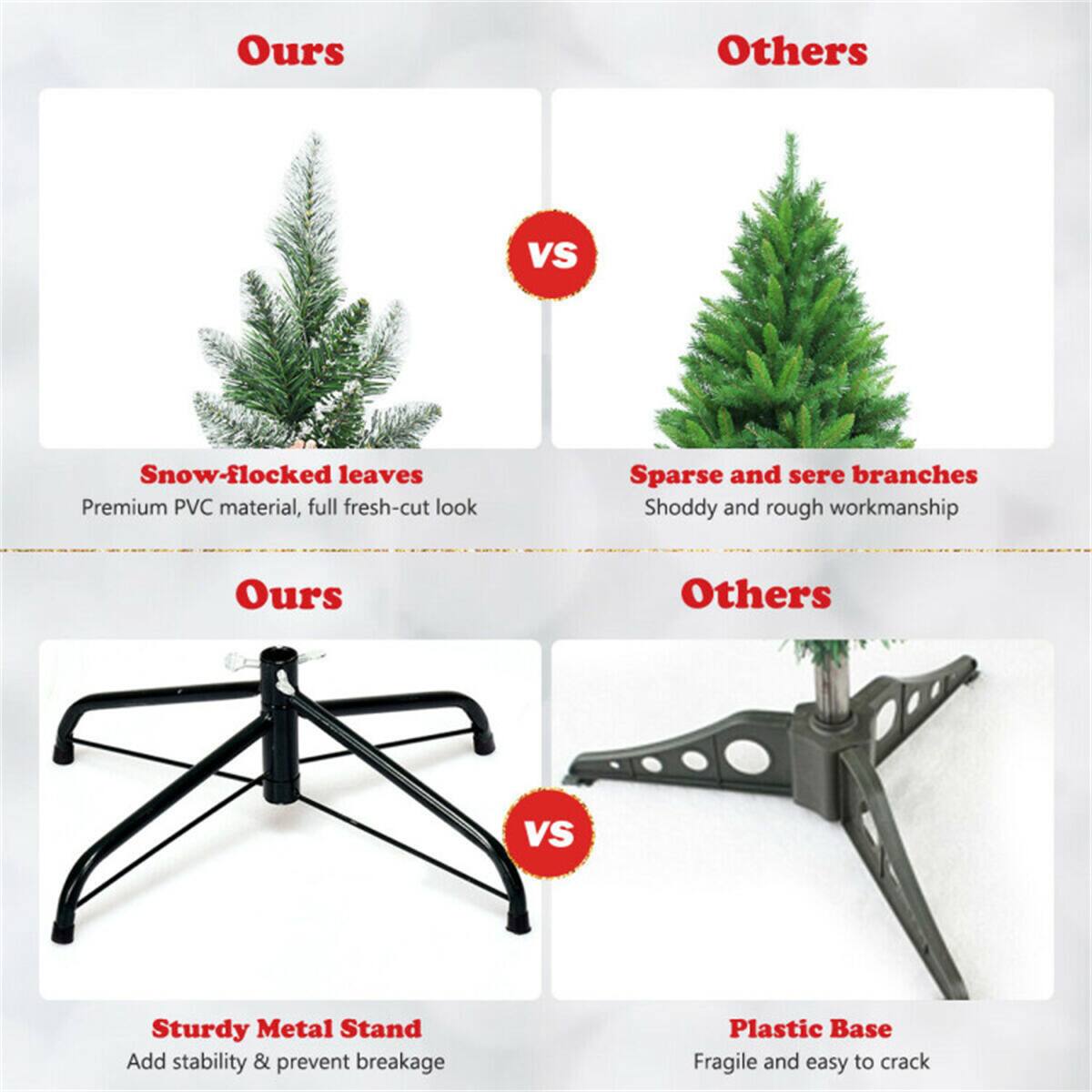 **Ours vs Others**

**Snow-flocked leaves**  
Premium PVC material, full fresh-cut look

**Sparse and sere branches**  
Shoddy and rough workmanship

**Sturdy Metal Stand**  
Add stability & prevent breakage

**Plastic Base**  
Fragile and easy to crack