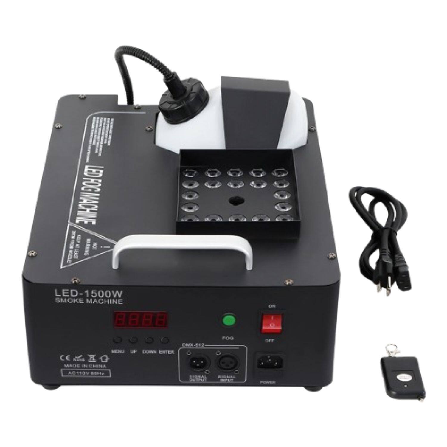 LED FOG MACHINE  
LED-1500W SMOKE MACHINE  

8888  

MENU UP DOWN ENTER  

CE  
MADE IN CHINA  
AC110V 60Hz  

POWER  
SIGNAL ON/OFF  

ON  
FOG  
OFF