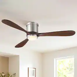 Parrot Uncle - 52" Modern 3 Solid Wood Blade Flush Mount Ceiling Fan with LED Light and Remote - Satin Nickel