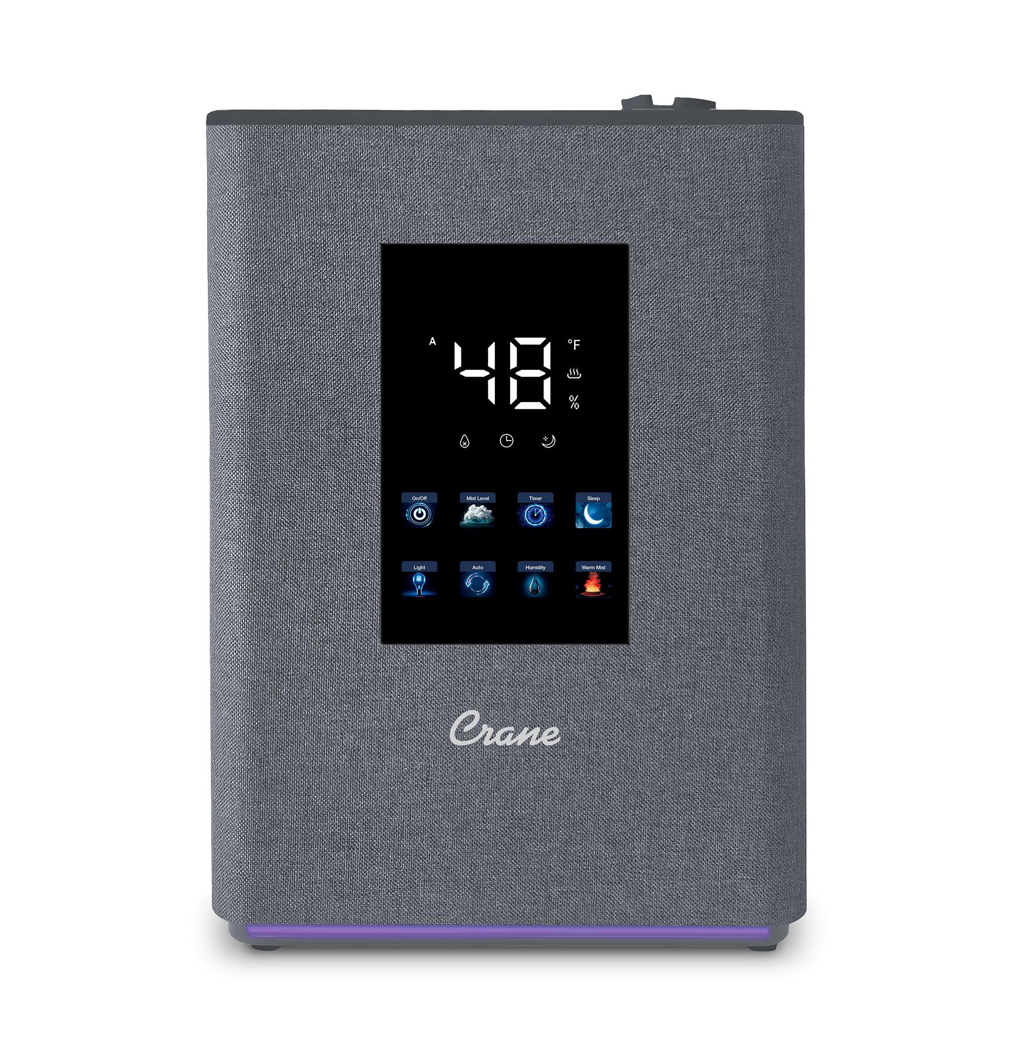 Angle. CRANE - Top Fill Warm & Cool Mist Humidifier, 1.2 Gallon Tank, Digital Humidistat & Touchscreen, With Remote - Gray.