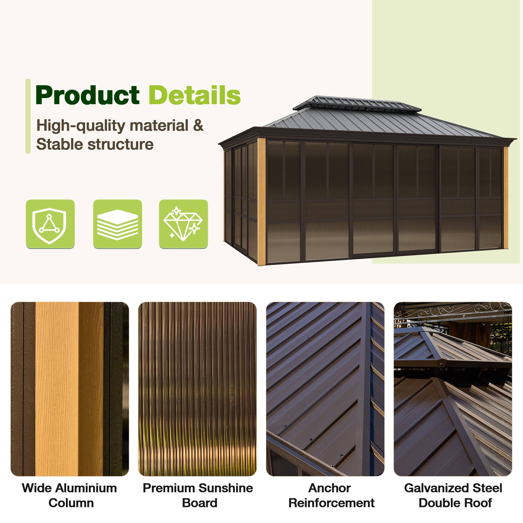 Product Details  
High-quality material & Stable structure  

- Wide Aluminium Column  
- Premium Sunshine Board  
- Anchor Reinforcement  
- Galvanized Steel Double Roof