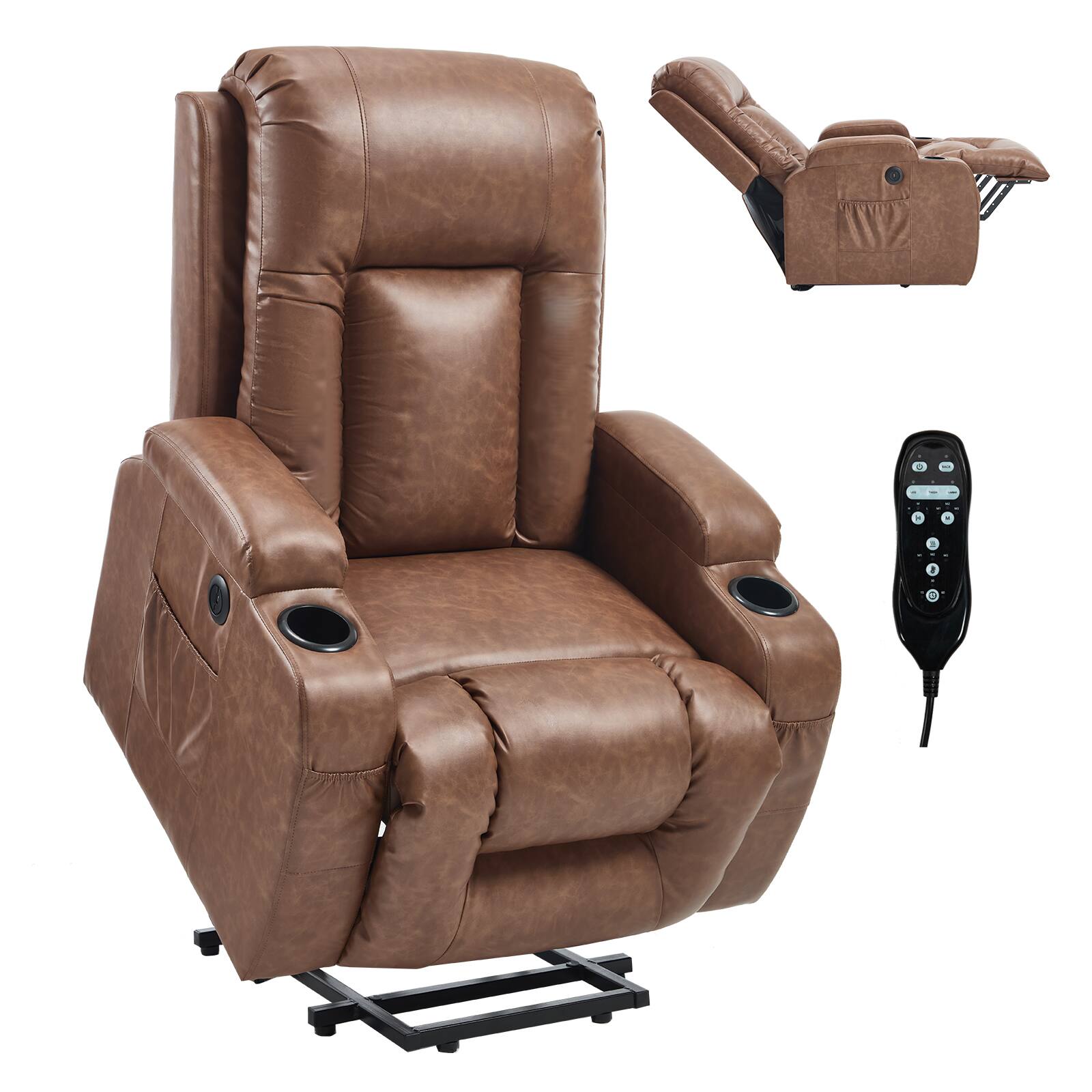 Alt View 5. LUCKY ONE - PU Single Motor Power Lift Recliner Chair with Massage and Heat, Infinite Position, USB, Cup Holder - Yellow Brown.