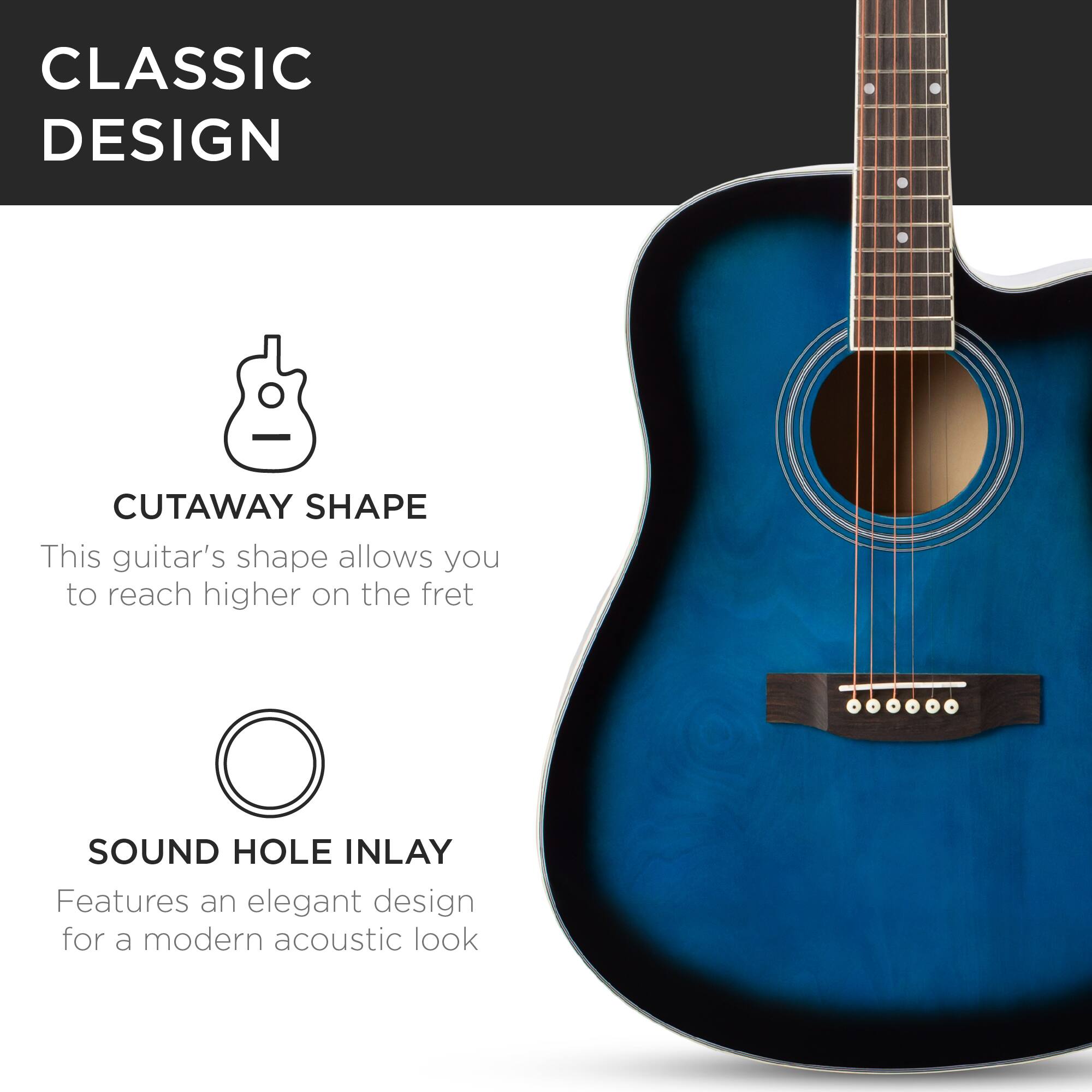 CLASSIC DESIGN
CUTAWAY SHAPE
This guitar's shape allows you to reach higher on the fret
SOUND HOLE INLAY
Features an elegant design for a modern acoustic look