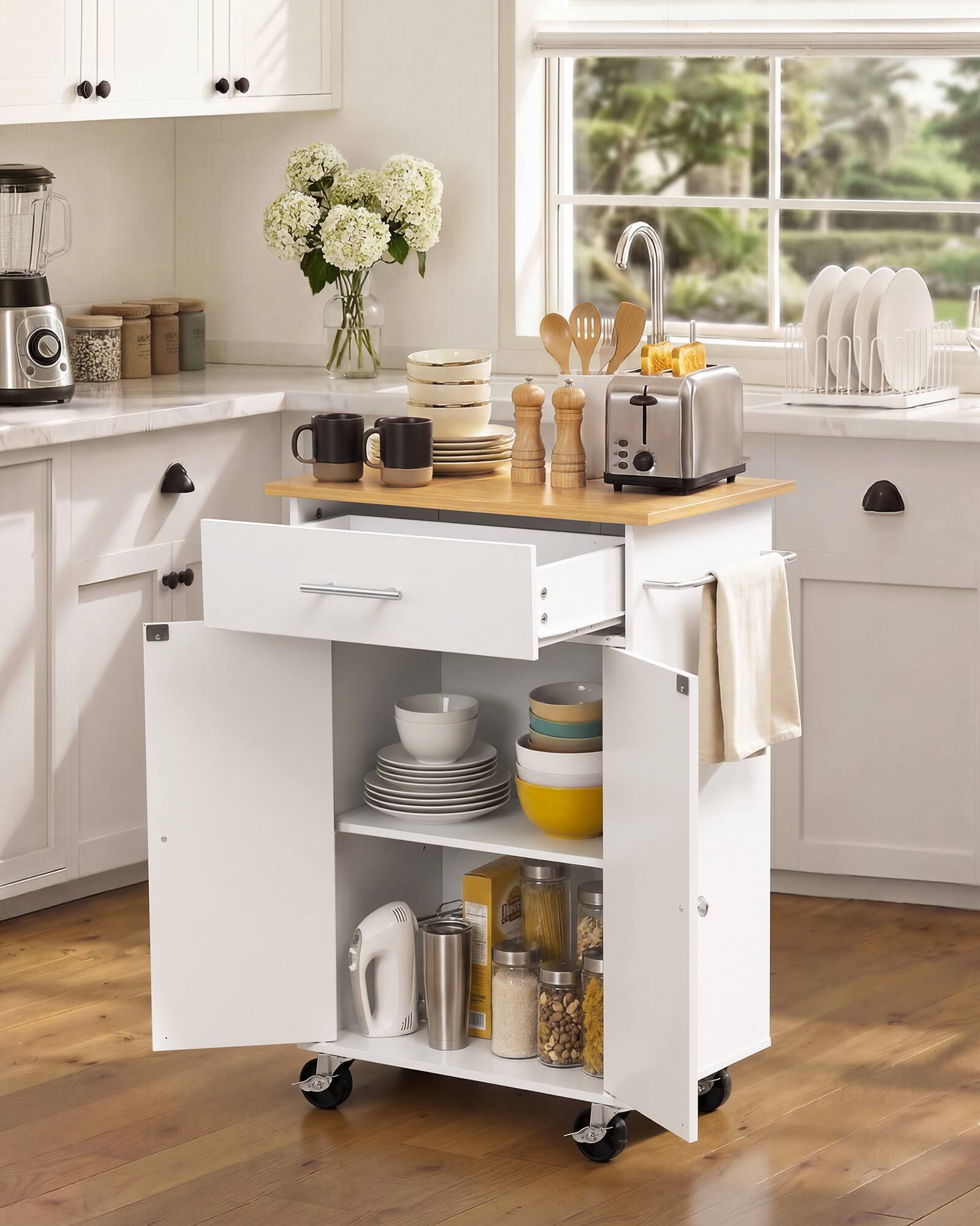 Angle. VEVOR - Kitchen Island Cart with Storage, 24.84 in Wide Mobile Rolling Storage Island on Swivel Wheels, with Drawer - White.