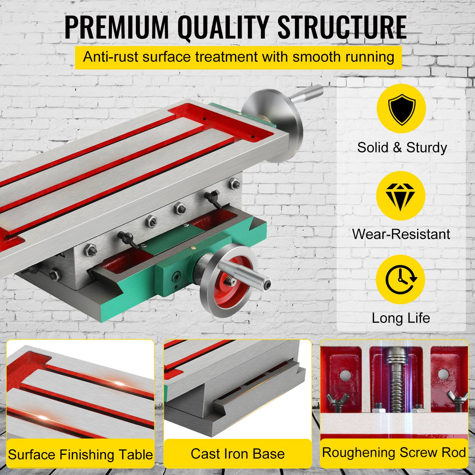 PREMIUM QUALITY STRUCTURE  
Anti-rust surface treatment with smooth running  

- Solid & Sturdy  
- Wear-Resistant  
- Long Life  

- Surface Finishing Table  
- Cast Iron Base  
- Roughening Screw Rod