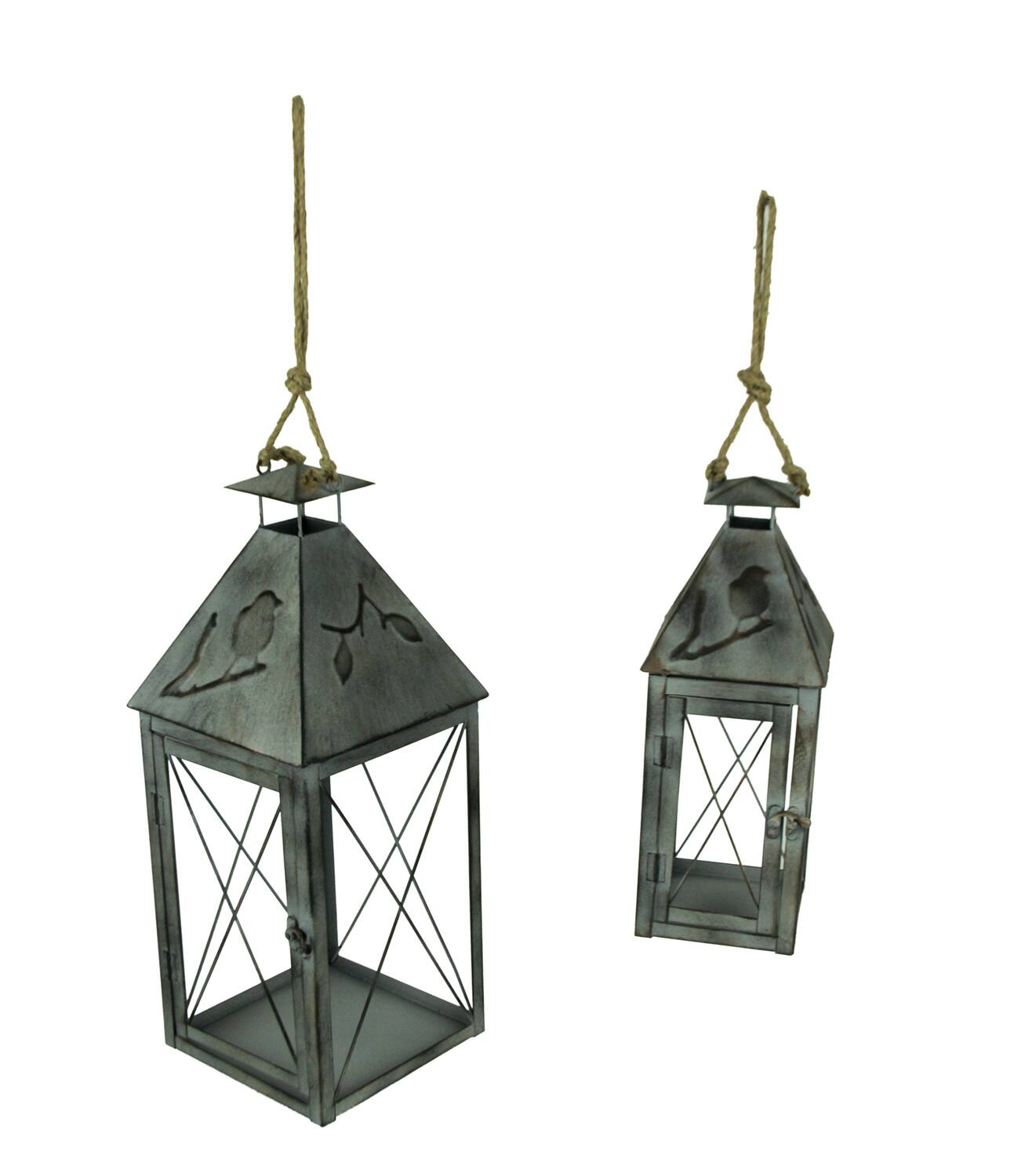 Front. Zeckos - Vintage Grey Metal Bird On Branch Square Candle Lantern Set of 2 - Gray.
