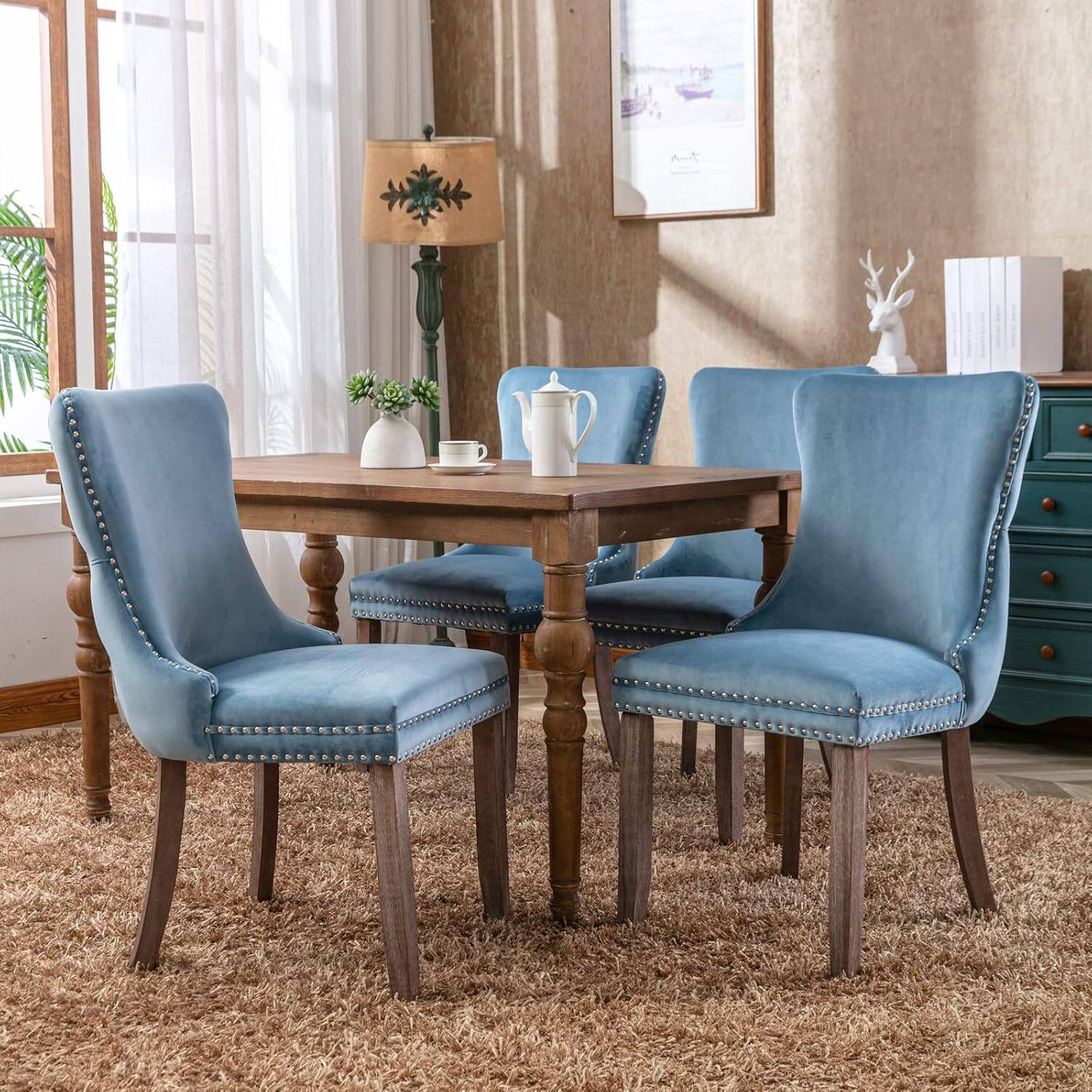 Alt View 3. Trinkets Crazed - Upholstered Wing-Back Dining Chair with Backstitching Nailhead Trim and Solid Wood Legs,Set of 2 - light blue.