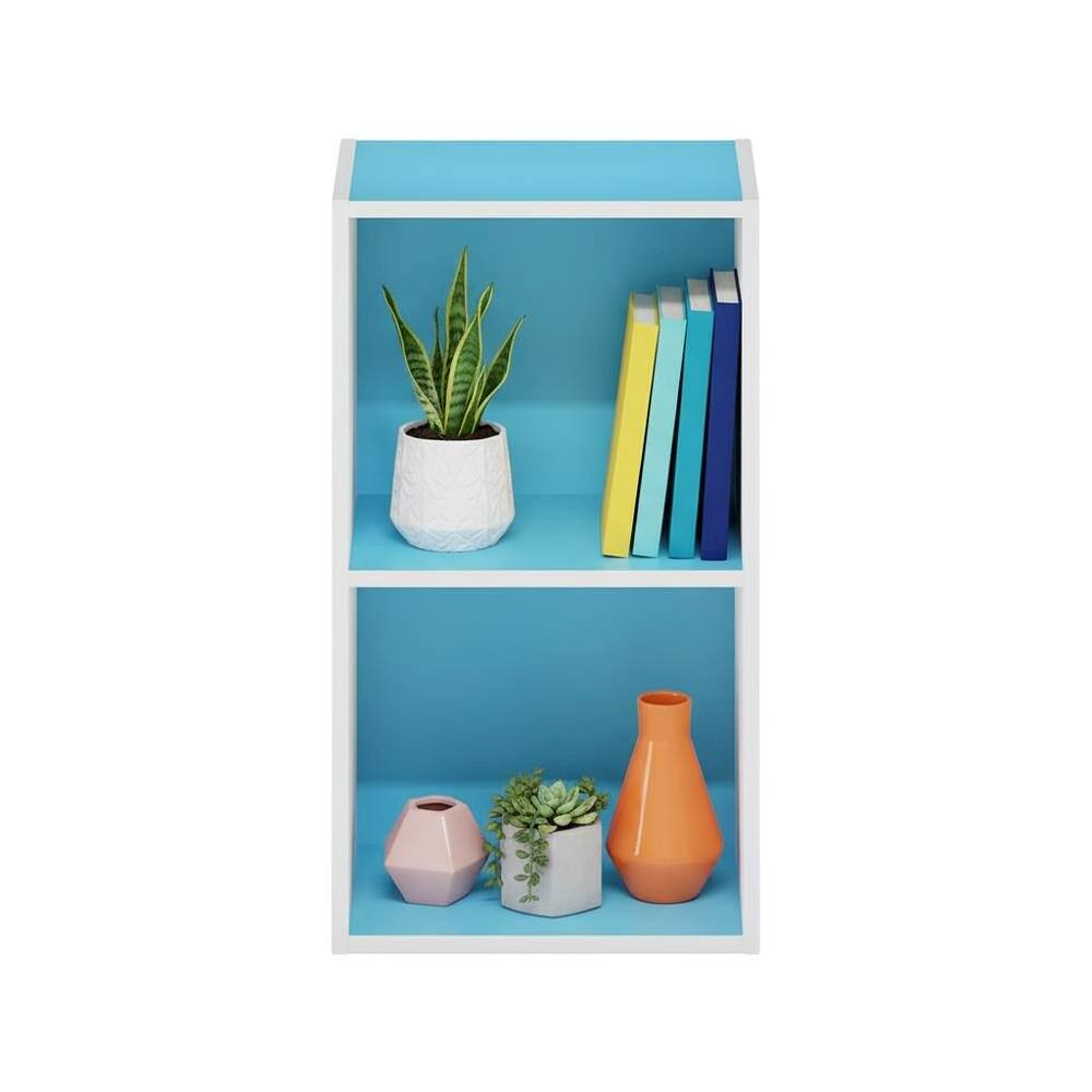 Back. FurniFact - Wood Bookcase with Open Shelves and Modern Design for Living Room Storage - Light Blue/White.