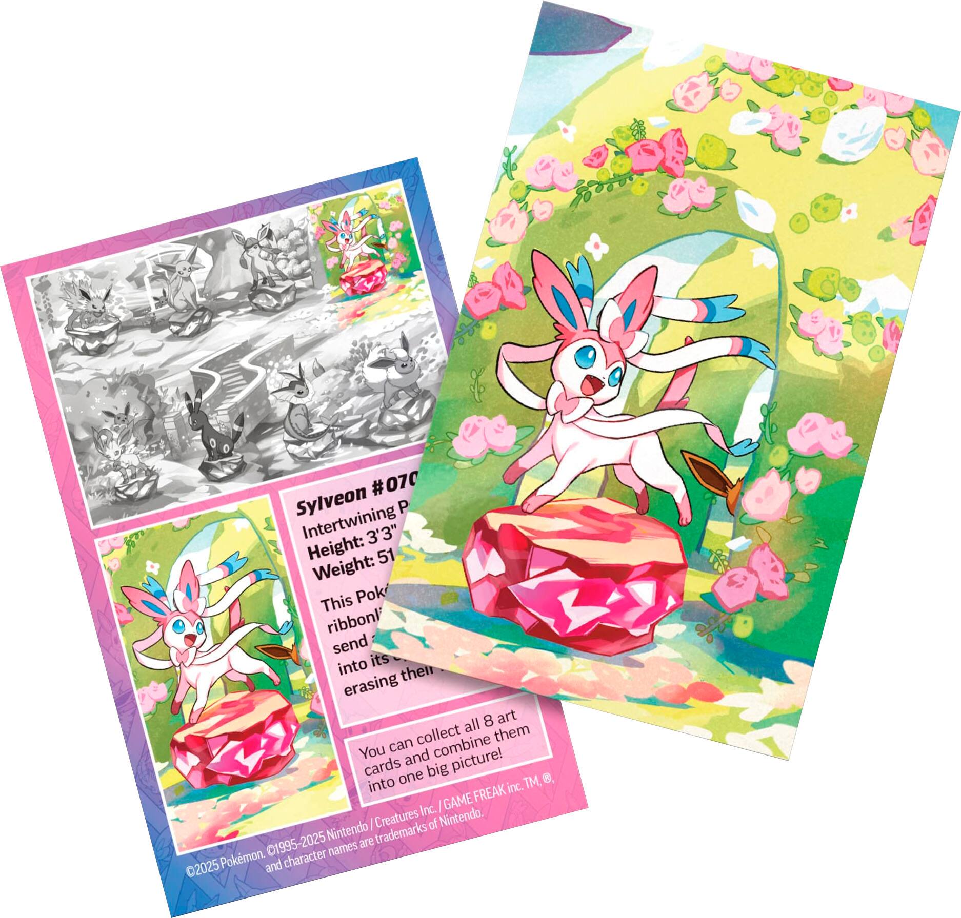 Sylveon is a Pokemon character with a height of 3'3" and a weight of 51. It is part of the Pokemon collection and can be combined with other cards to create a big picture. The image also includes a ribbon for the character. The Pokemon and its artwork are trademarks of Nintendo.