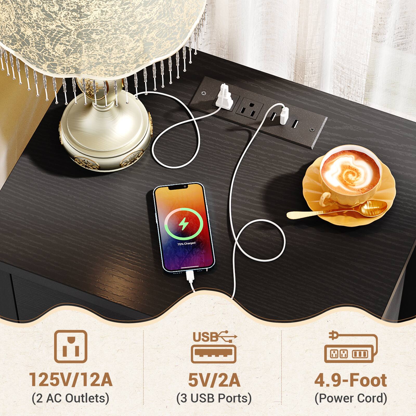 Pm Charges:  
- 125V/12A (2 AC Outlets)  
- 5V/2A (3 USB Ports)  
- 4.9-Foot (Power Cord)