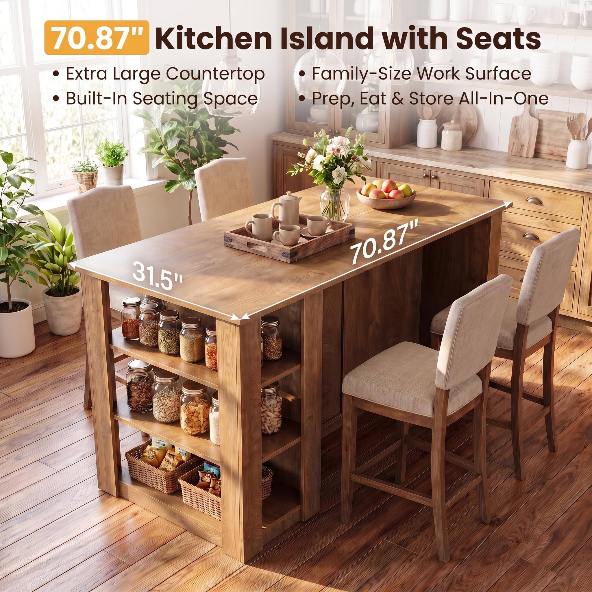 70.87" Kitchen Island with Seats Extra Large Countertop Family-Size Work Surface Built-In Seating Space Prep, Eat & Store All-In-One

31.5"
70.87"