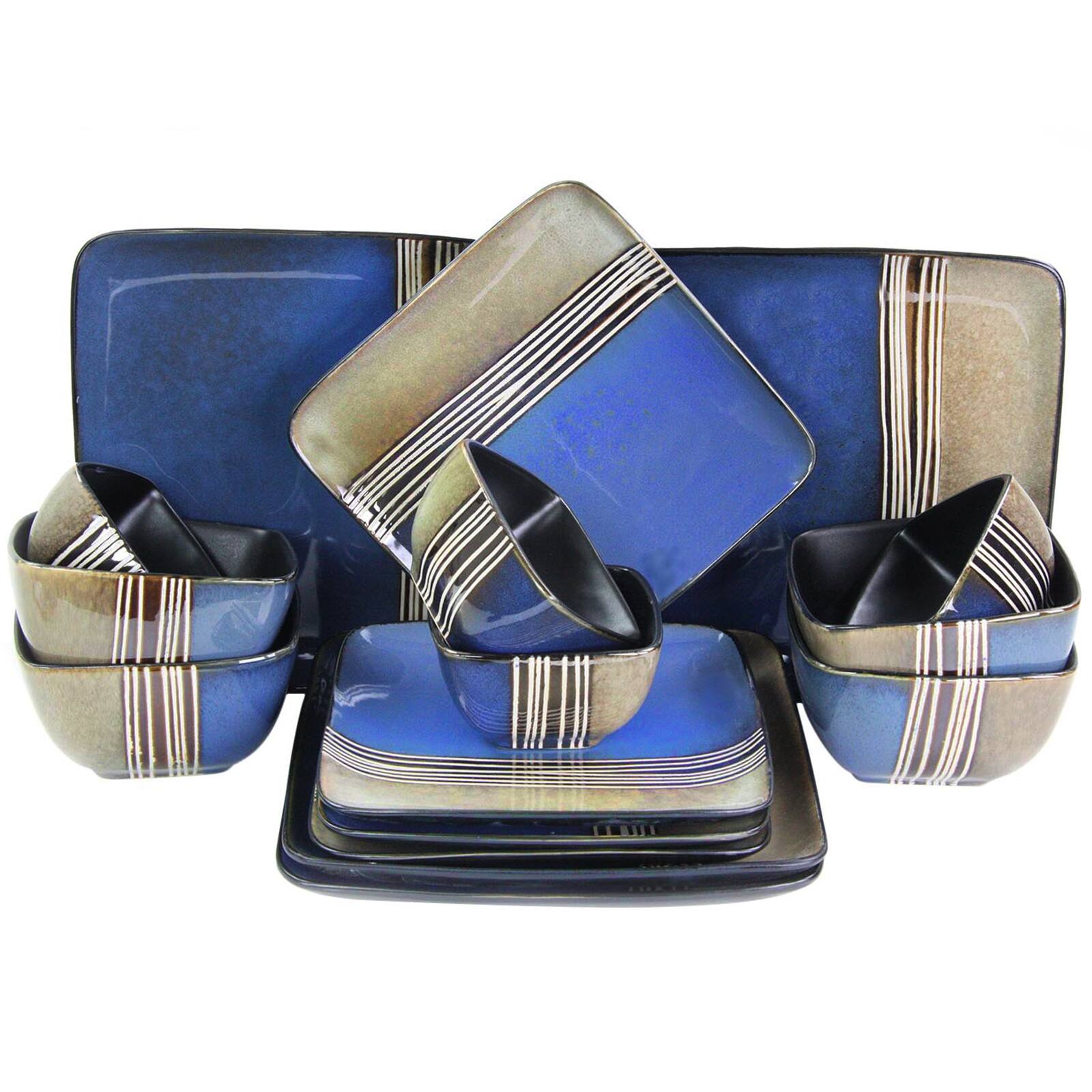 Alt View 4. Elama - Elama Uptown Loft 16 Piece Double Bowl Stoneware Dinnerware Set with Service for 4 - Blue.