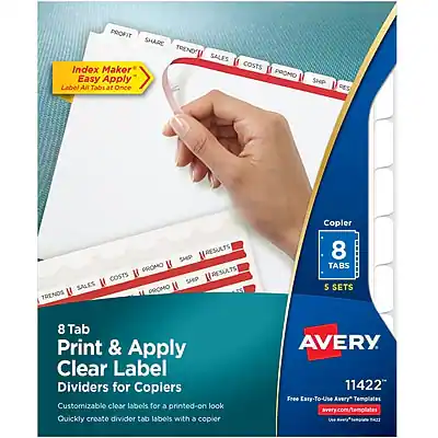 **Profit Share Trend!**
**Sales Index Maker's Easy Apply Label A Tabs at Once**
**Costs Promo Ship Results**
**SHP Promo Results Costs SHP Sales Promo Trends**
**Copier 8 Tabs 5 Sets**
**8 Tab Print & Apply Clear Label Dividers for Copiers**
**Customizable clear labels for a printed-on look**
**Quickly create divider tab labels with a copier**
**Avery 11422**
**Free Easy-To-Use Avery Templates**
**avery.com/templates**