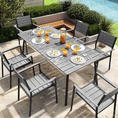 Alt View 5. Crestlive Products - Crestlive Products 72in Plastic Wood Top Aluminum Frame Rectangle Outdoor Dining Table with Umbrella Hole - Gray.