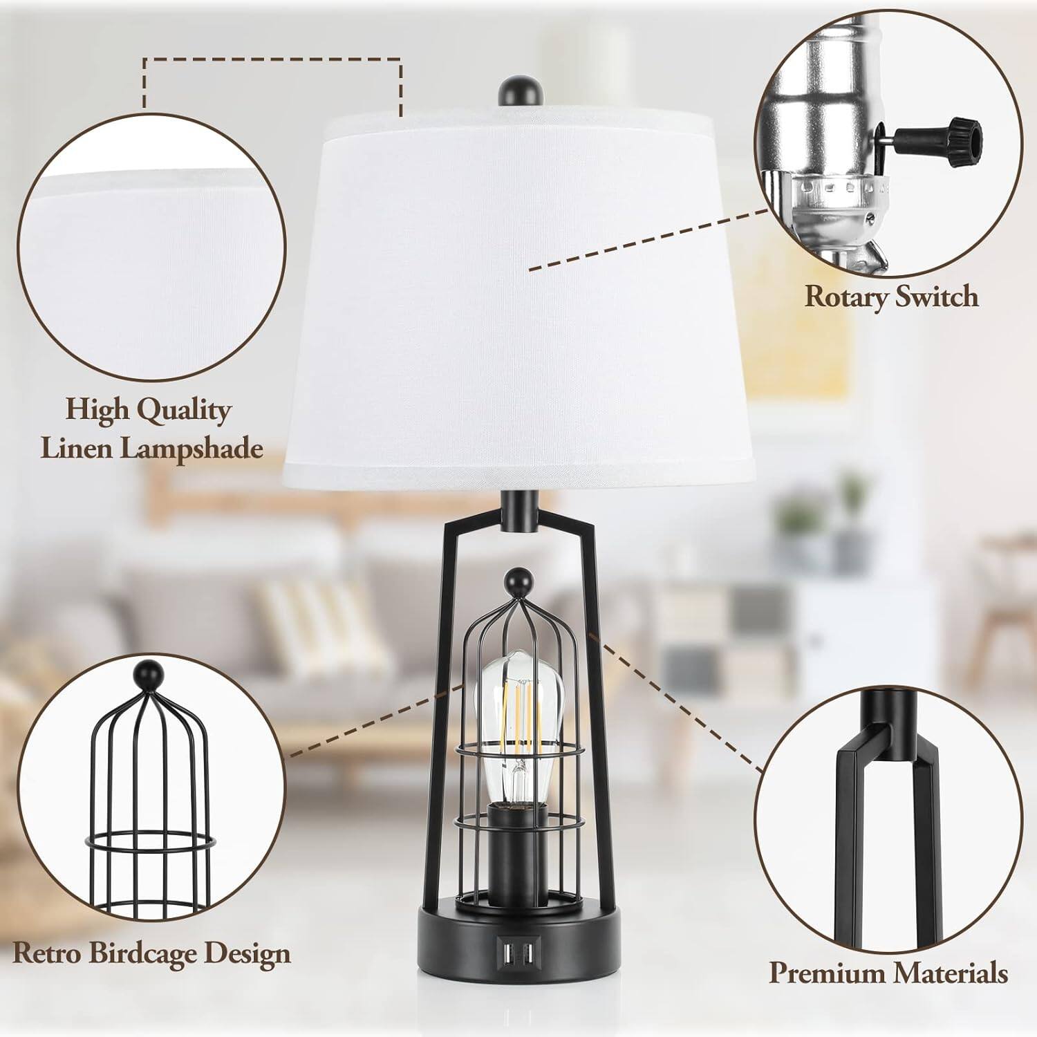 - High Quality Linen Lampshade
- Rotary Switch
- Retro Birdcage Design
- Premium Materials