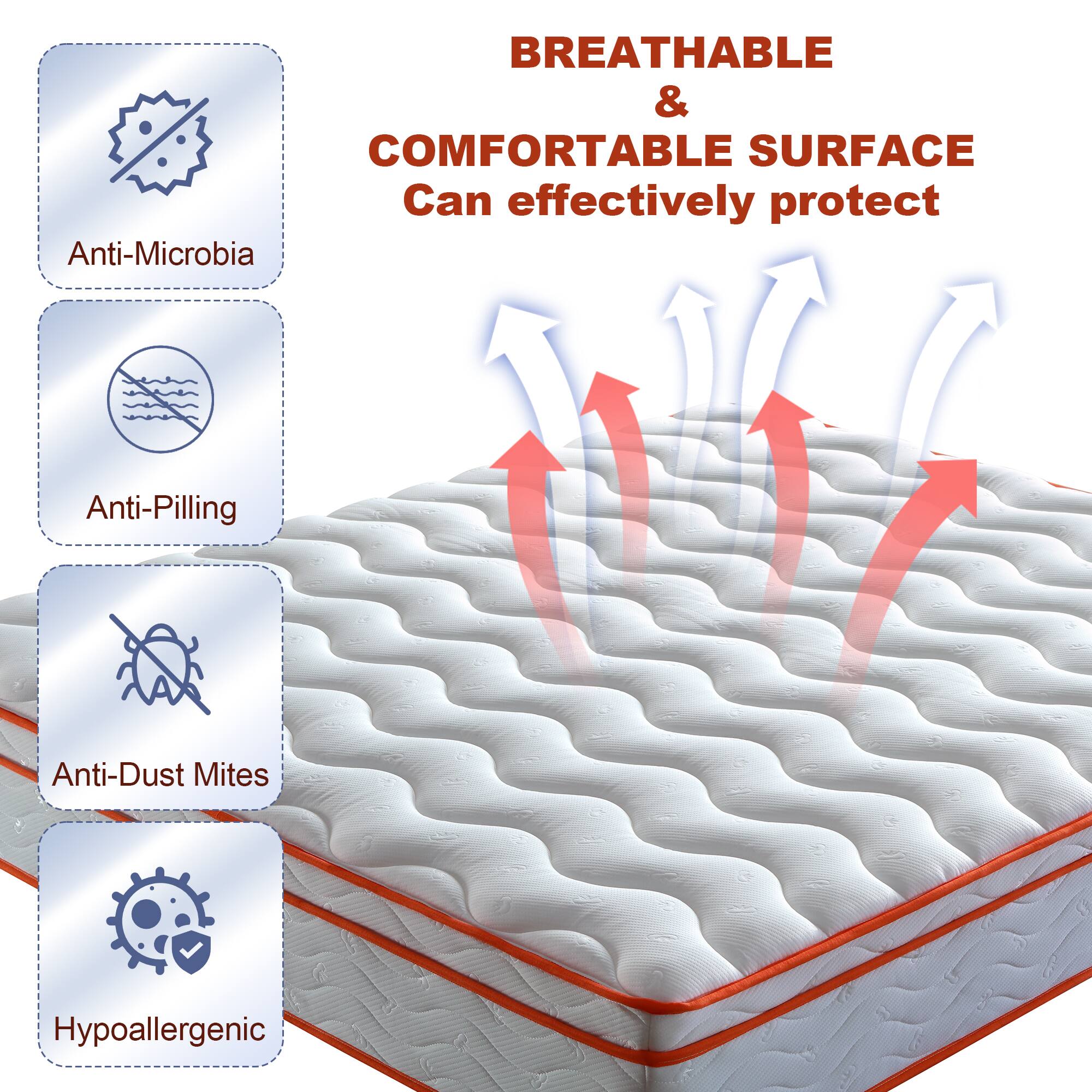 BREATHABLE & COMFORTABLE SURFACE  
Can effectively protect

- Anti-Microbia
- Anti-Pilling
- Anti-Dust Mites
- Hypoallergenic