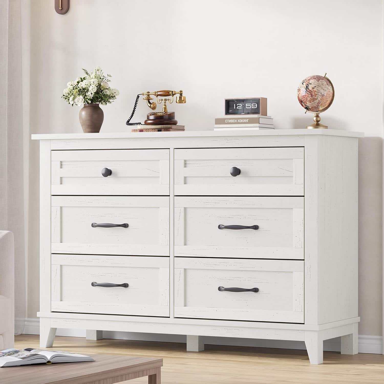 GARVEE - 6 Dresser for Bedroom, 47" Wide Drawer Dresser with Storage Freestanding, Wooden Closet Storage Chest for Living Room - Ash White