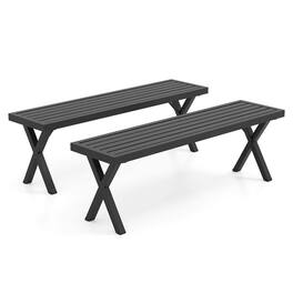 Costway - 2 PCS 54" Patio Metal Bench with Slatted Seat & X Legs Backless Loveseat for Yard - Black