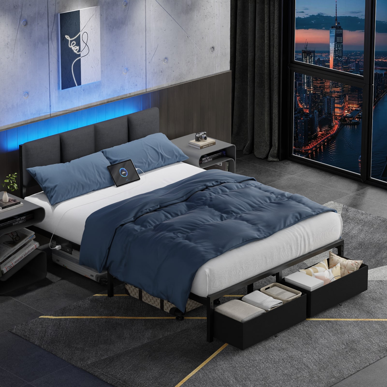 Furnulem - Upholstered Bed Frame with 2 Storage Drawers Modern Full Platform Bed with Charging Station LED Light - Black
