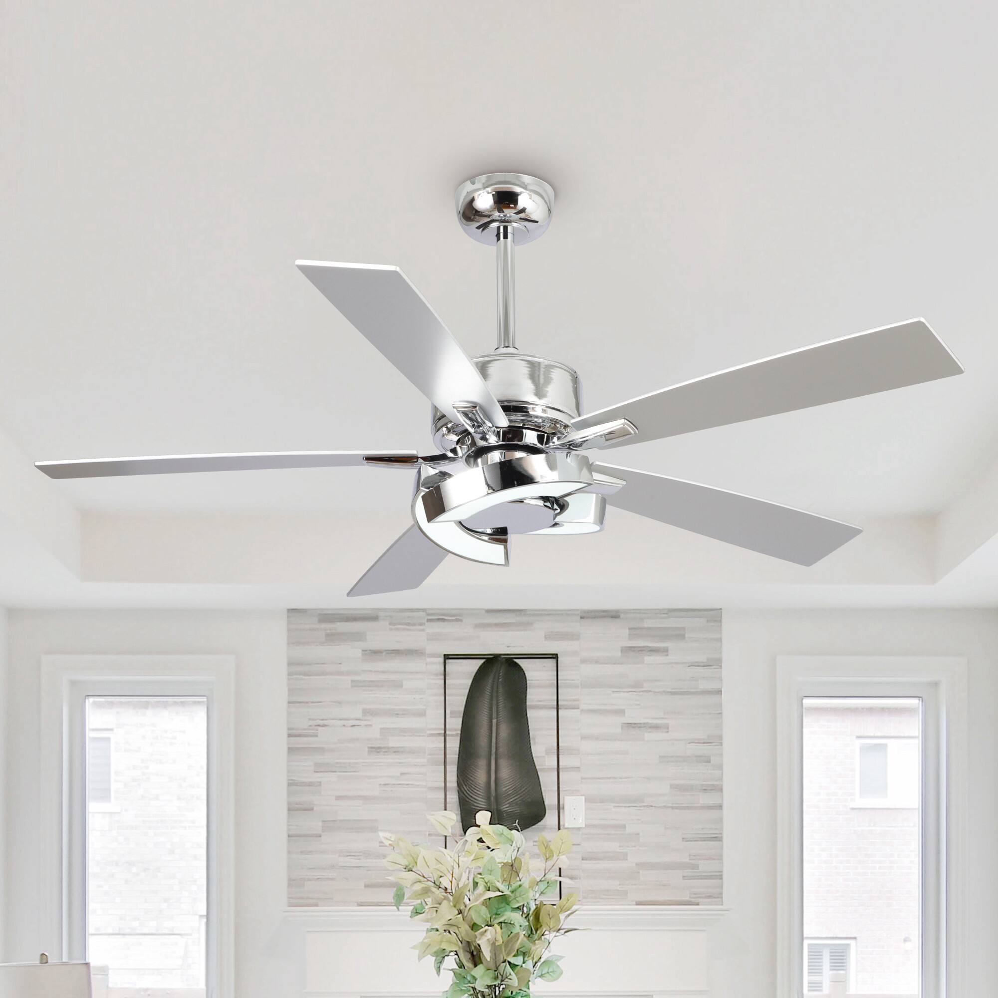 Angle. Parrot Uncle - 52" Chrome Modern Unique LED Dimmable Ceiling Fan with Light and Remote - Chrome.
