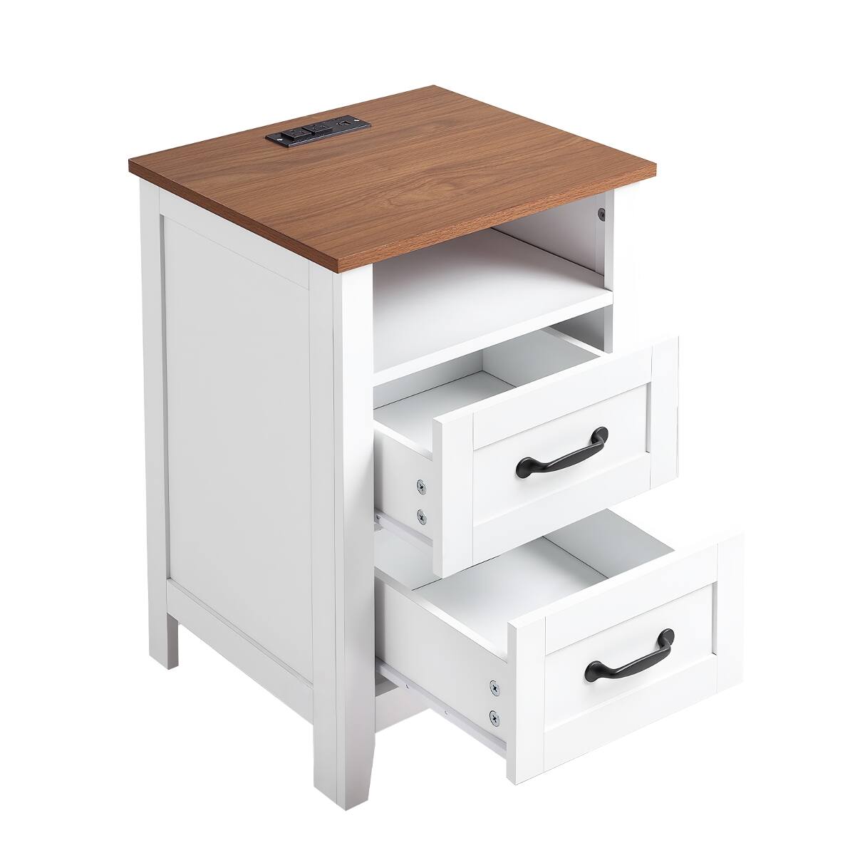 Alt View 6. Loheer - Loheer Farmhouse Nightstand with Charging Station, White, Two Drawers and Open Shelf - White.