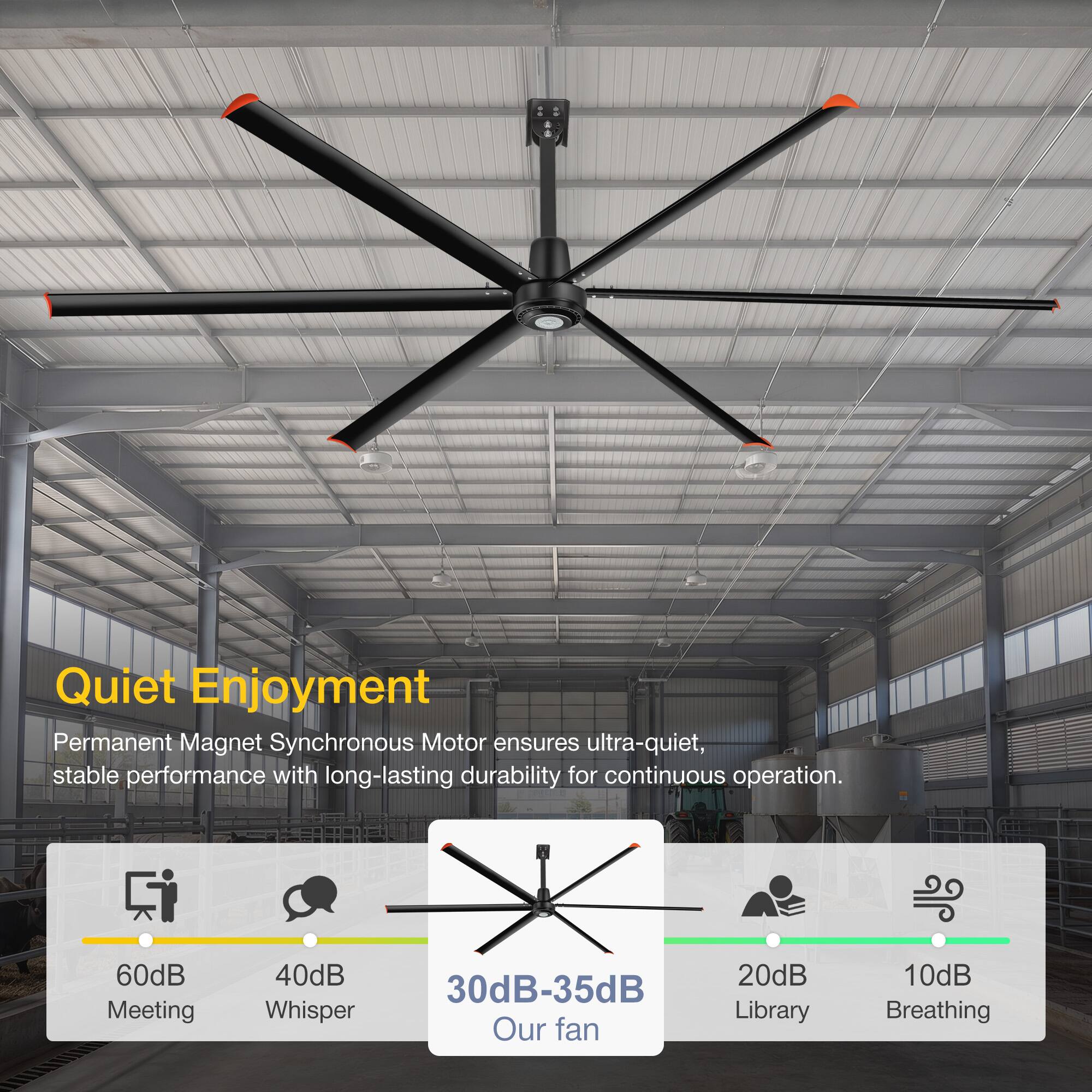 Quiet Enjoyment  
Permanent Magnet Synchronous Motor ensures ultra-quiet, stable performance with long-lasting durability for continuous operation.  

60dB Meeting  
40dB Whisper  
30dB-35dB Our fan  
20dB Library  
10dB Breathing