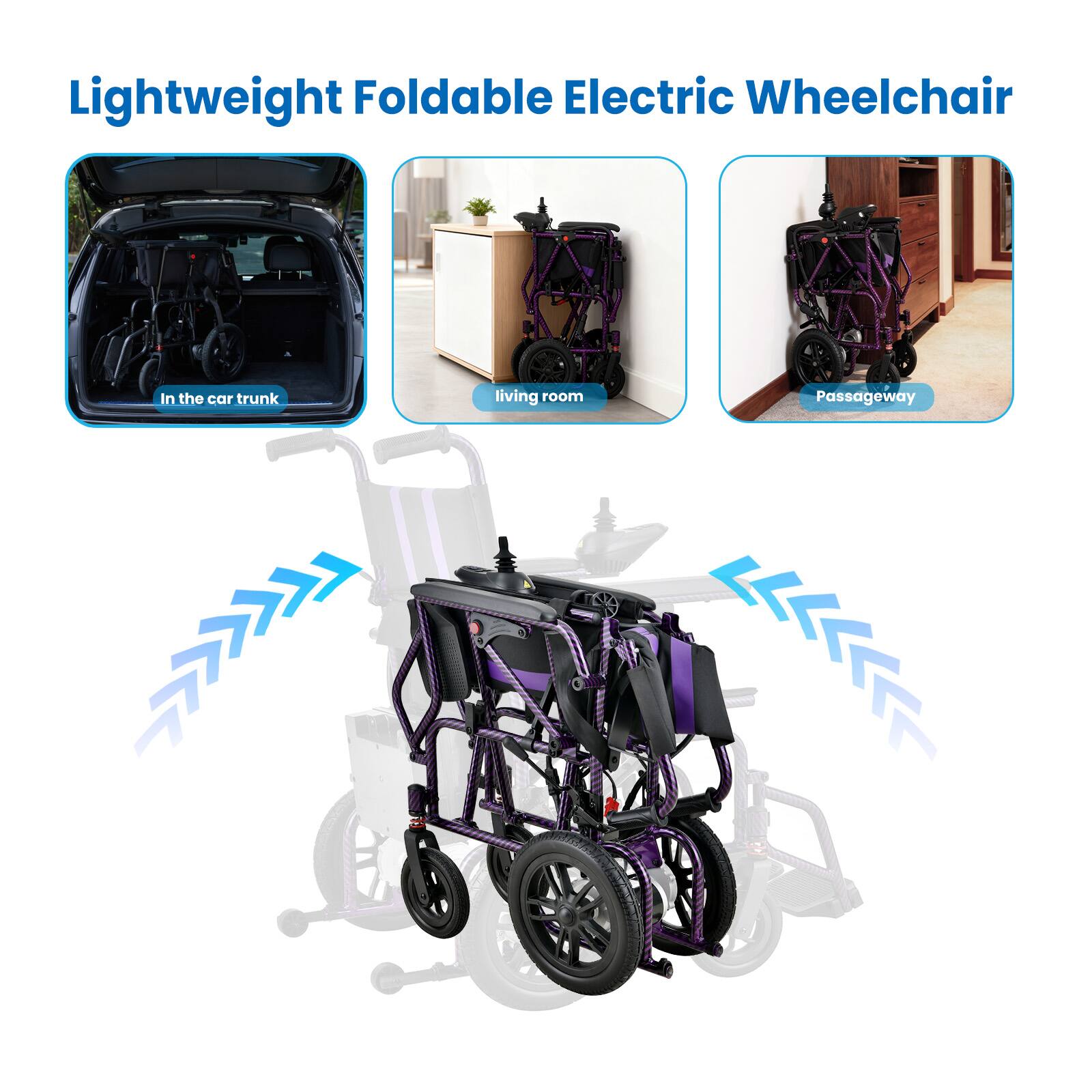 Lightweight Foldable Electric Wheelchair

- In the car trunk
- living room
- Passageway