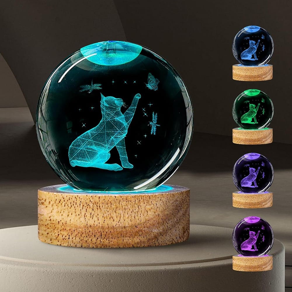 Schertz - 60mm 3D Crystal Cat Ball Night Light – Glass Lamp with 16 Colors & Remote