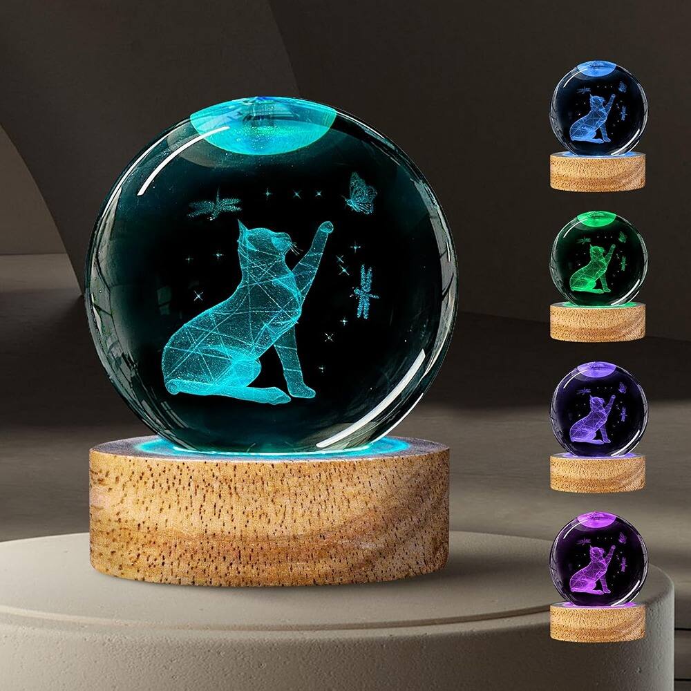 Front. Schertz - 60mm 3D Crystal Cat Ball Night Light – Glass Lamp with 16 Colors & Remote.