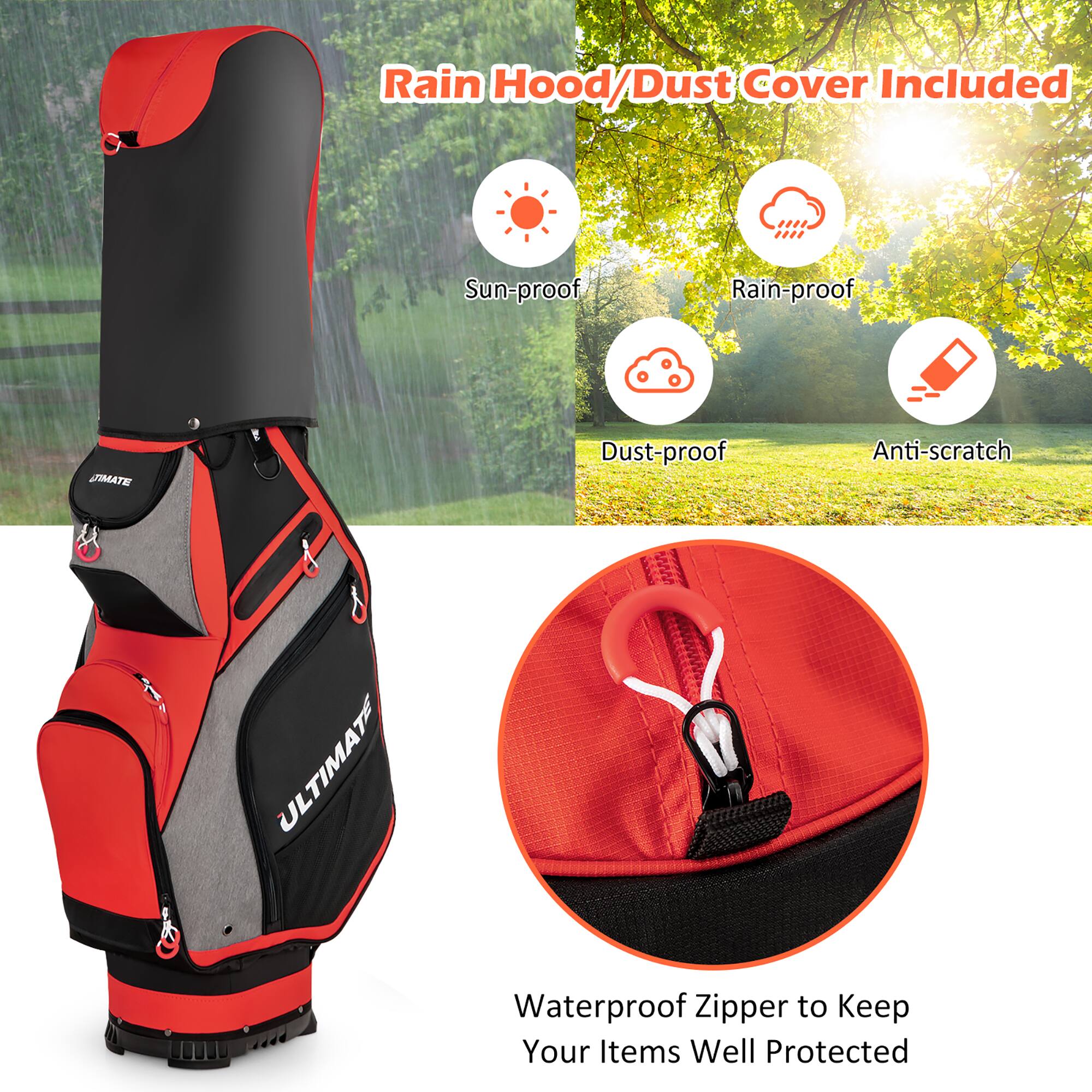 Rain Hood/Dust Cover Included

Sun-proof  
Rain-proof  
Dust-proof  
Anti-scratch  

Waterproof Zipper to Keep Your Items Well Protected