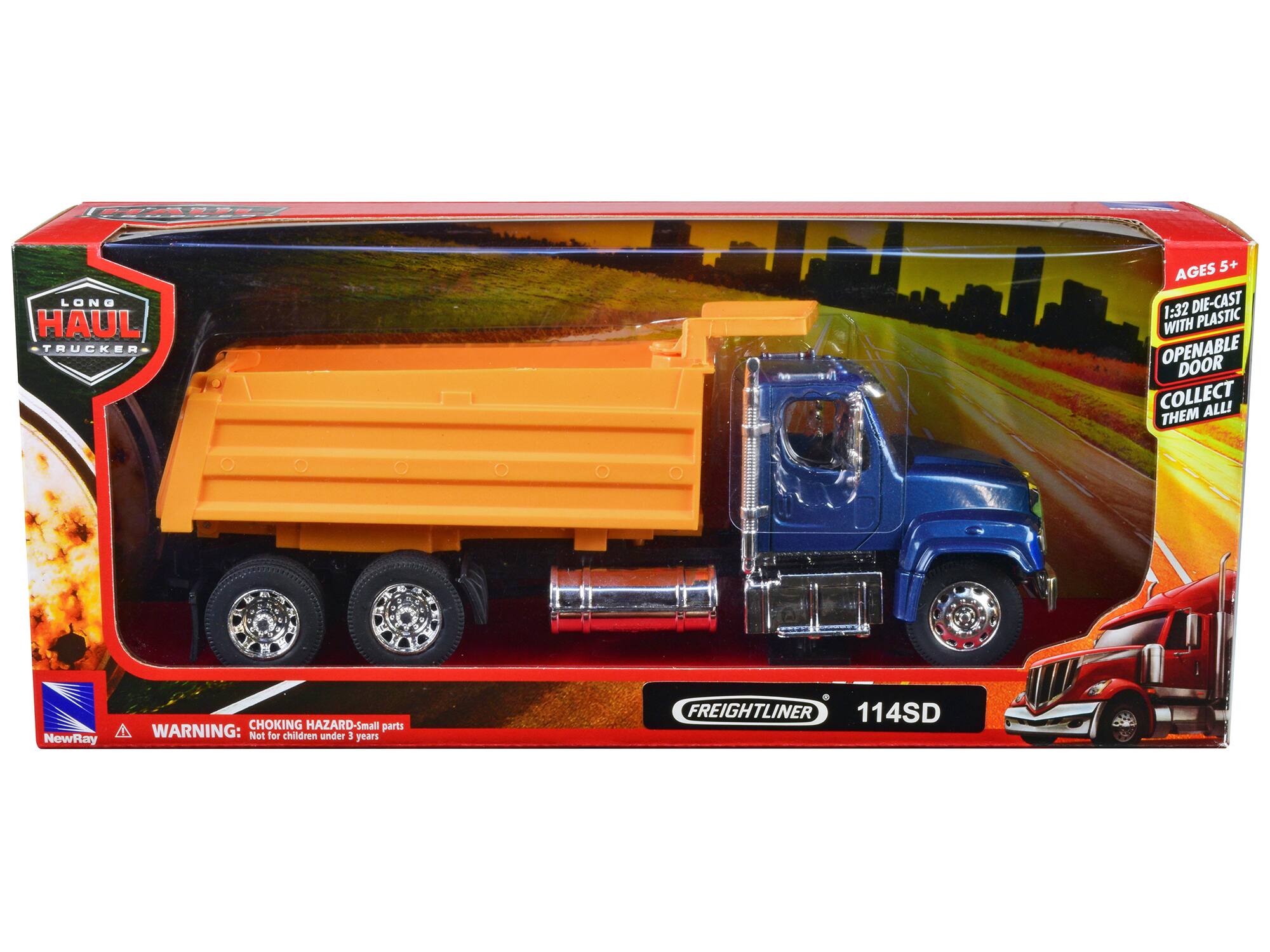 LONG HAUL TRUCKER AGES 5+ 1:32 DIE-CAST WITH PLASTIC OPENABLE DOOR COLLECT ALL! THEM

NewRay
CHOKING HAZARD Small parts WARNING: Not for children under 3 years

FREIGHTLINER 114SD