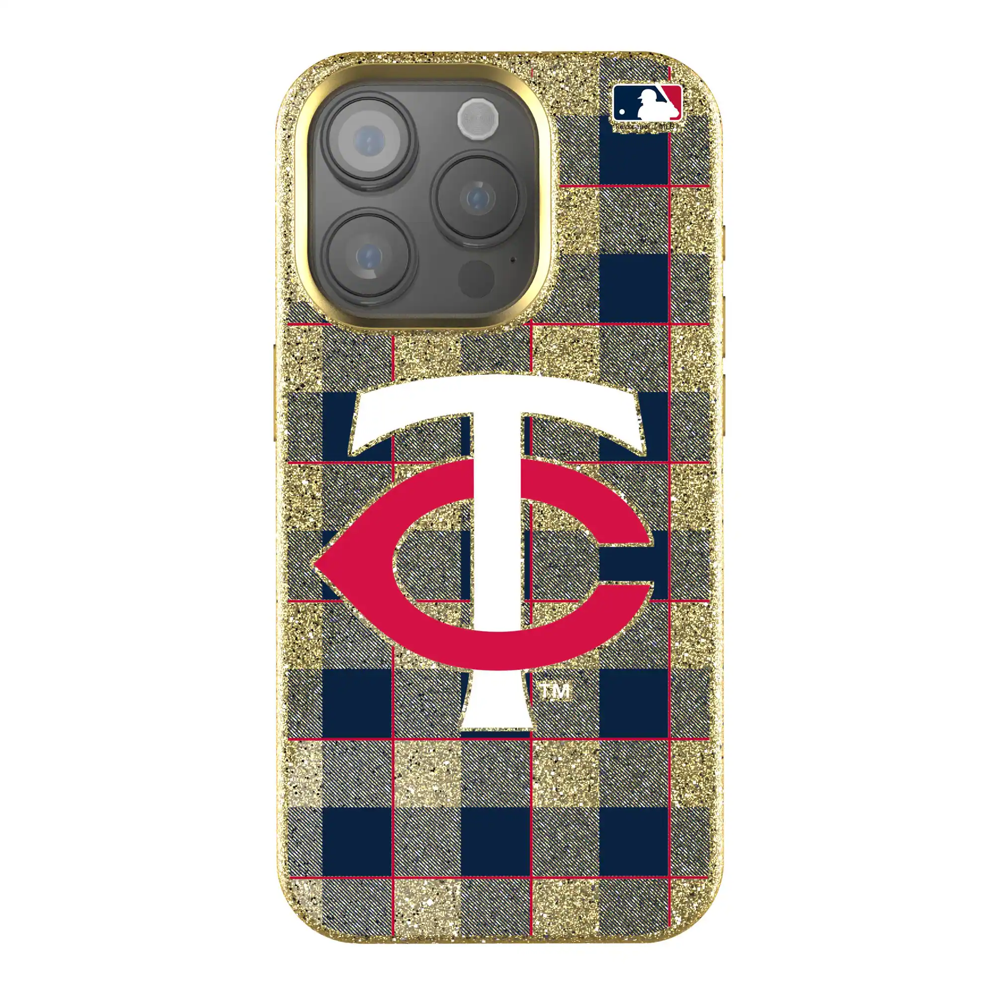 Front. Keyscaper - Plaid Bling iPhone Case - 14 Pro - Gold.