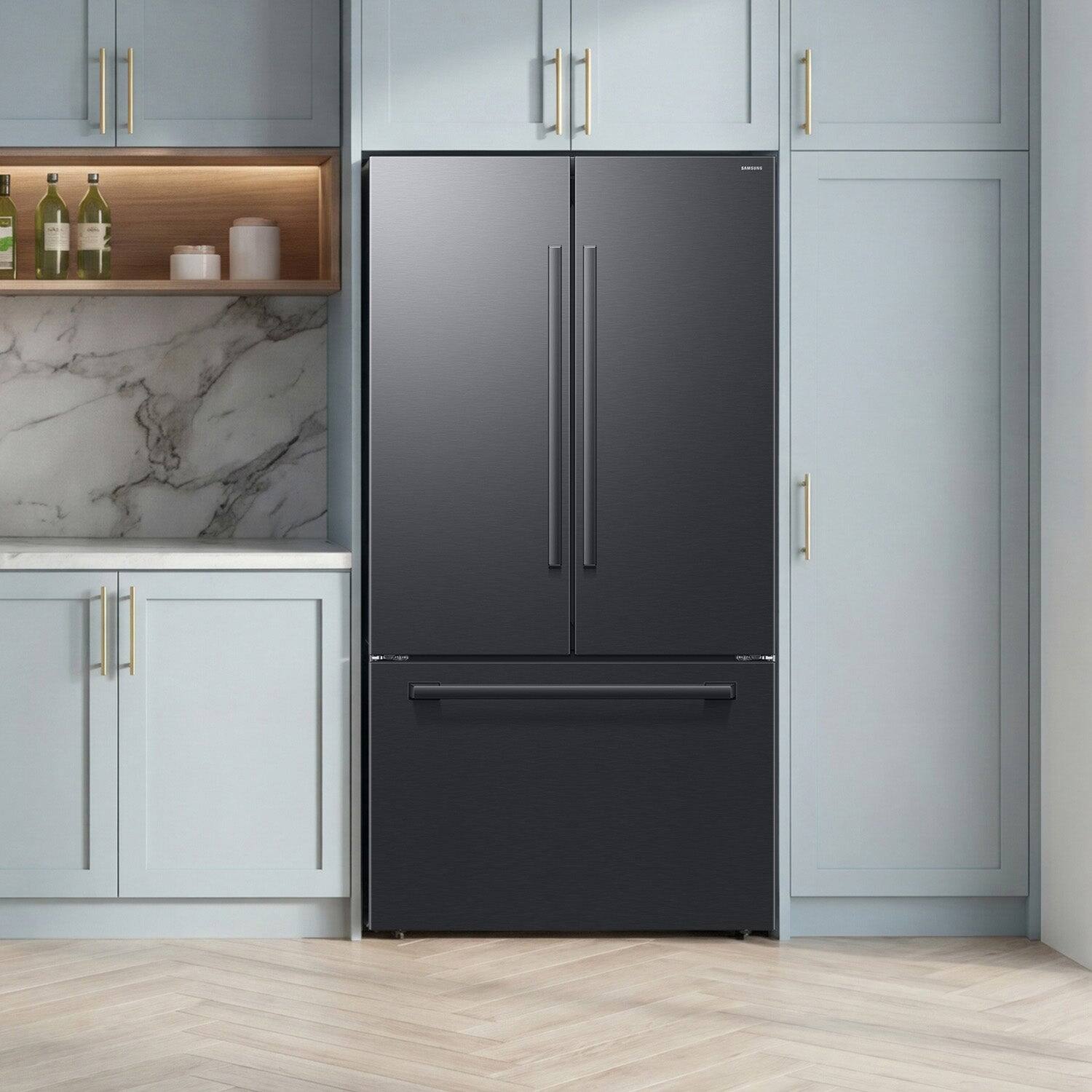 Alt View 17. Samsung - Bespoke AI 30 cu. ft. 3-Door French Door Refrigerator with Zero Clearance Fit & In-Door Tall Water Dispenser - Matte Black Steel.