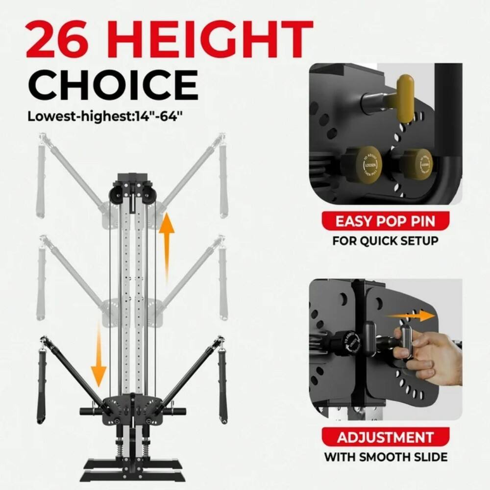 26 HEIGHT CHOICE  
Lowest-highest: 14"-64"  

EASY POP PIN FOR QUICK SETUP  
ADJUSTMENT WITH SMOOTH SLIDE