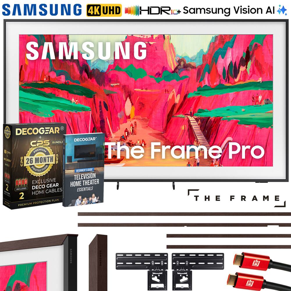 Sure, here is the corrected and grouped text from the image:

---

**SAMSUNG 4K UHD HDR**  
**Samsung Vision AI**

**SAMSUNG**  
**The Frame Pro**

**DECOGEAR CPS BUNDLE**  
- **26 MONTH PROTECTION**  
- **EXCLUSIVE DECO GEAR**  
- **HDMI CABLES**  
- **TELEVISION HOME THEATER ESSENTIALS**

**DECOGEAR**  
**CPS BUNDLE**  
**26 MONTH PROTECTION**  
**EXCLUSIVE DECO GEAR**  
**HDMI CABLES**

**TELEVISION HOME THEATER ESSENTIALS**

**The Frame Pro**

**THE FRAME**

---